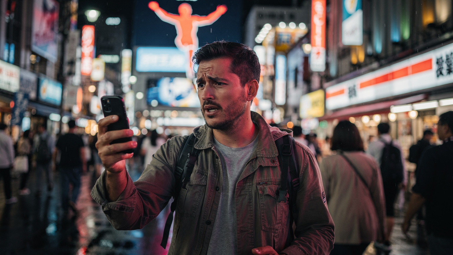 Un viajero con aspecto pensativo consulta un mapa digital en su teléfono en una calle concurrida de Dotonbori, Osaka, bajo el icónico letrero de Glico Man, con un evidente signo de preocupación en su rostro por un problema de conectividad.