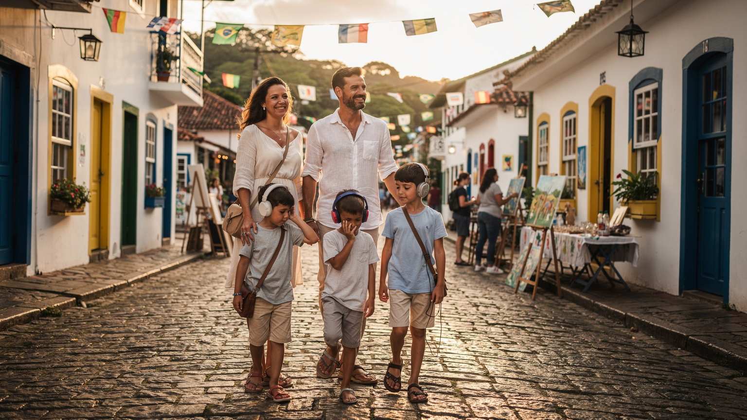 Uma família com crianças pequenas, cada uma com um fone de ouvido, caminhando tranquilamente por uma rua histórica de Paraty, Rio de Janeiro, durante um festival de arte, enquanto os pais observam os arredores.