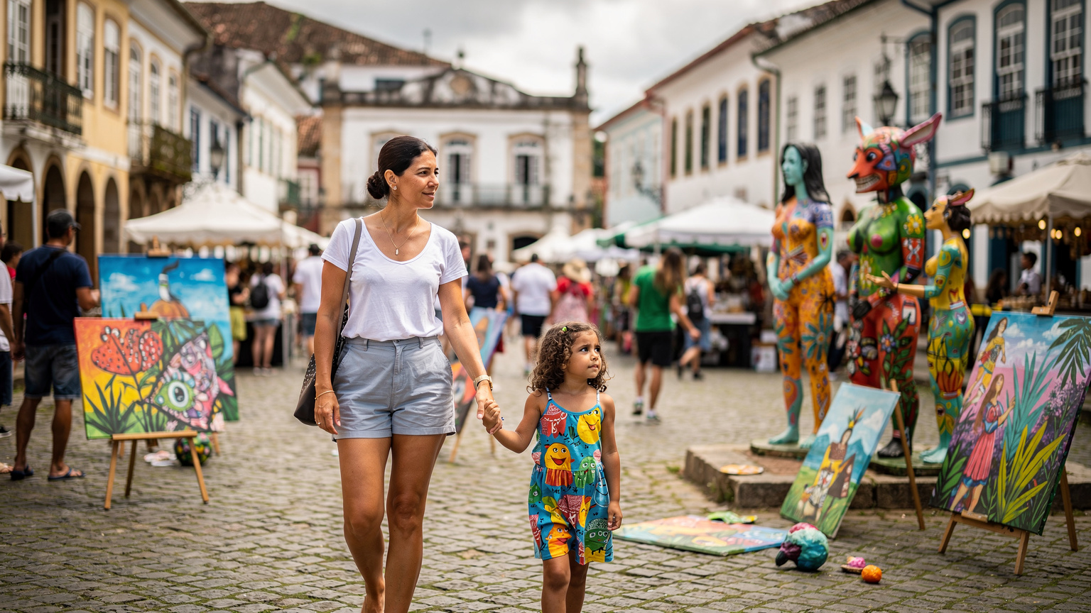 Uma mãe e sua filha de mãos dadas, navegando por uma área de festival de arte colorida e animada no Brasil, com esculturas vibrantes ao fundo e outras famílias ao redor.