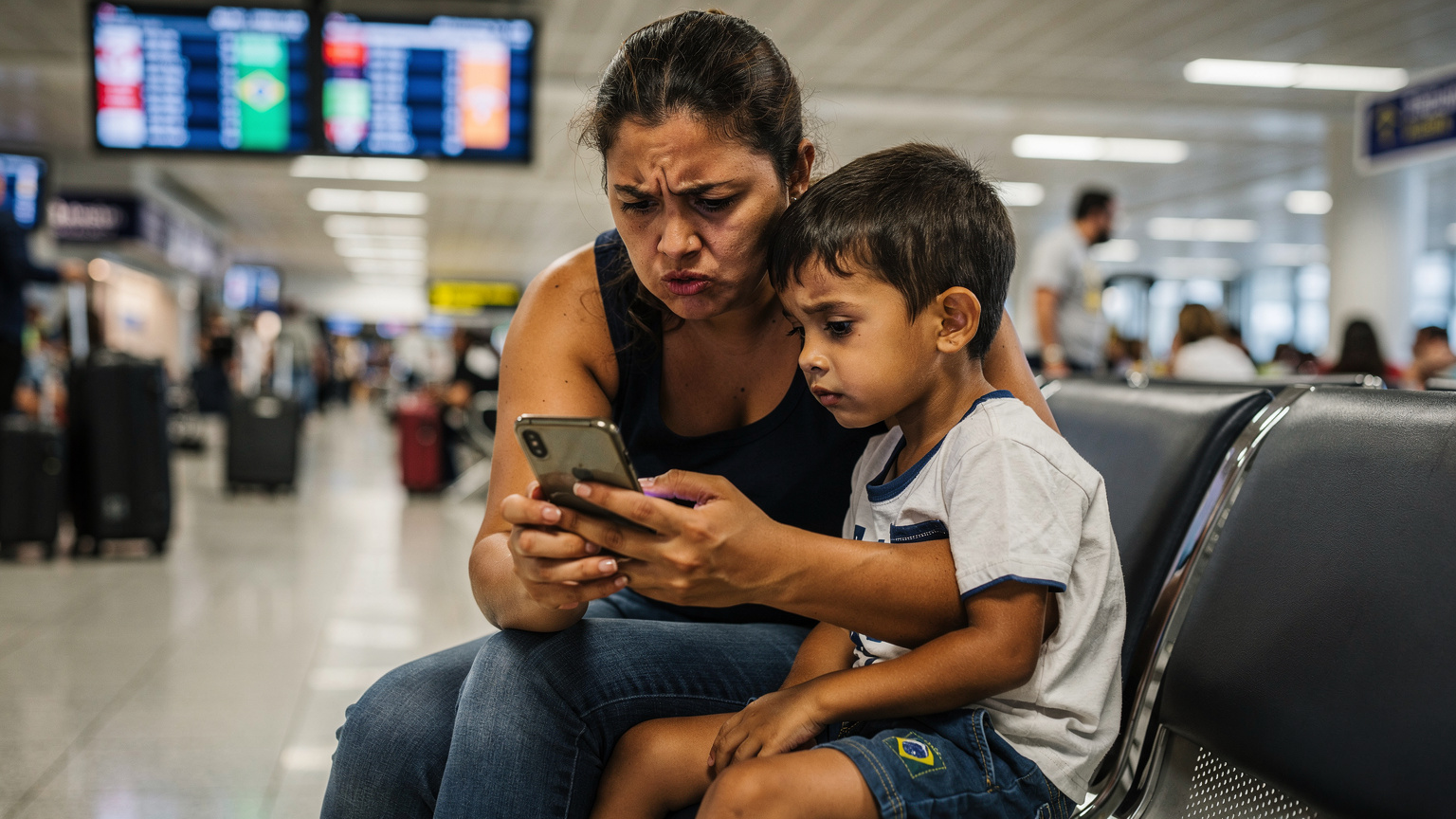 Uma mãe e seu filho pequeno sentados em um banco, olhando para o celular dela com uma expressão de frustração, em um cenário de aeroporto movimentado com outras pessoas aguardando voos.
