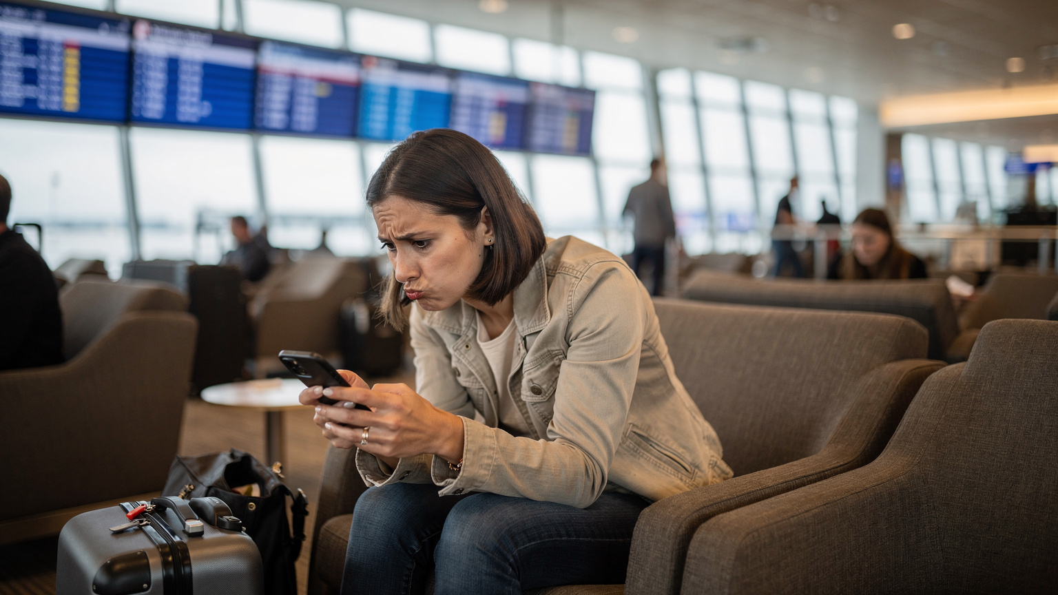 A female traveler looking slightly confused or frustrated at her phone screen while sitting in a busy airport lounge, with suitcases and other travelers in the background.
