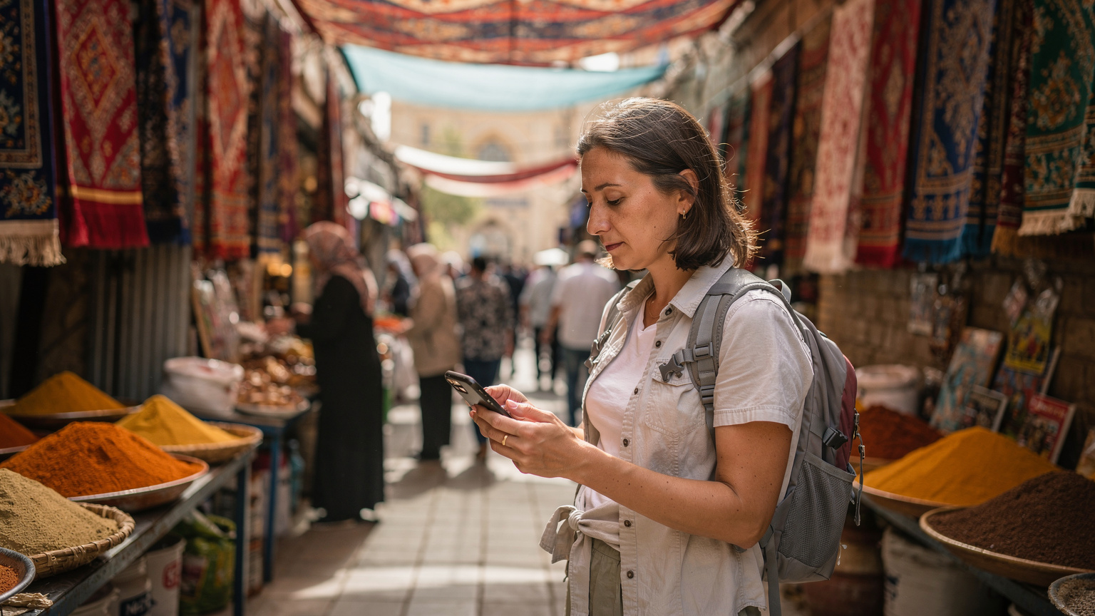 A female traveler using a mapping app on her smartphone while walking through a narrow, bustling alleyway in a traditional Central Asian bazaar, surrounded by vibrant textiles and spices.