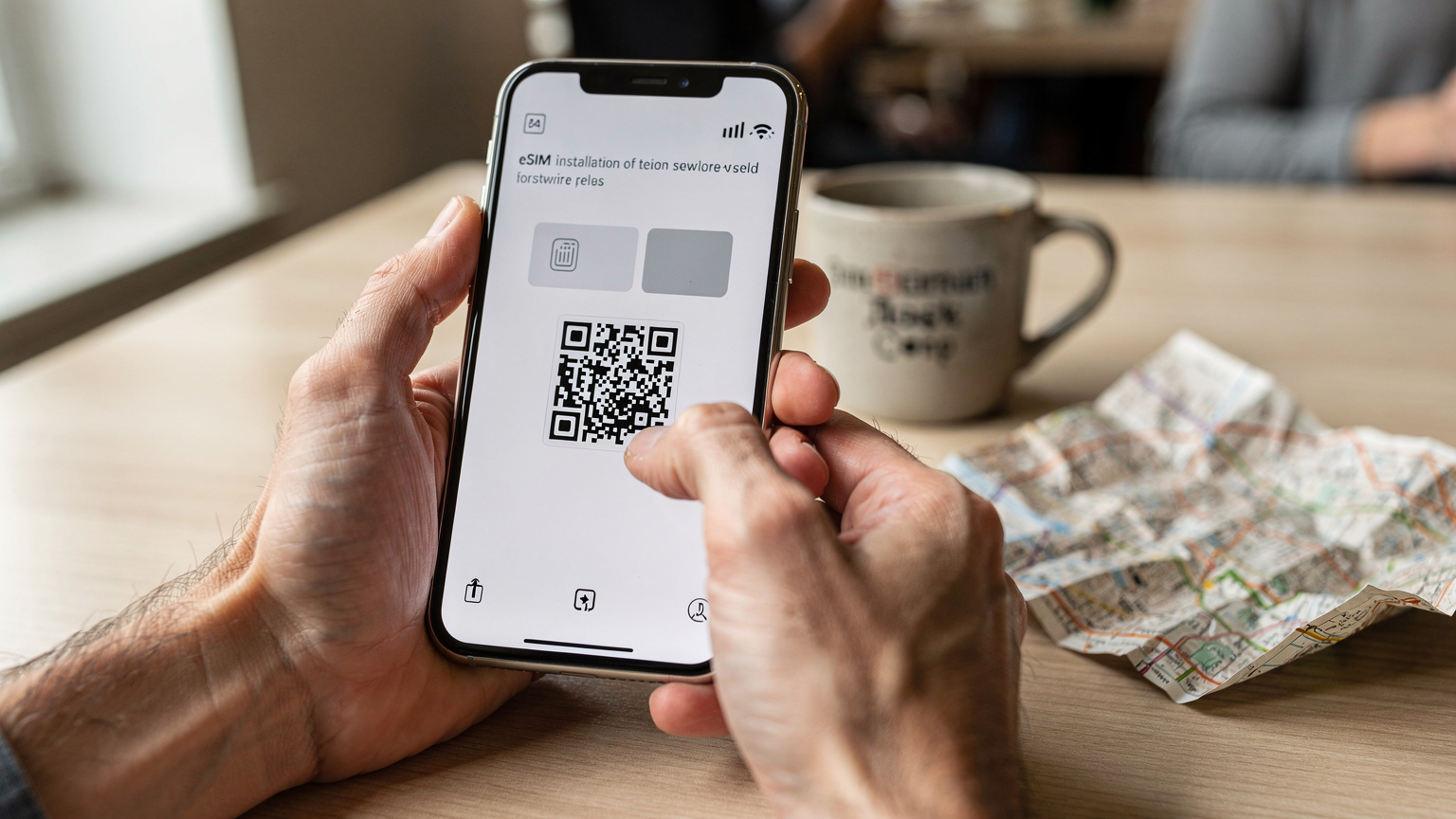 Nahaufnahme von Händen, die ein Smartphone halten, während der Bildschirm eine eSIM-Installationsanleitung mit einem QR-Code zeigt. Fokus liegt auf der Interaktion, nicht auf dem Inhalt des Bildschirms.