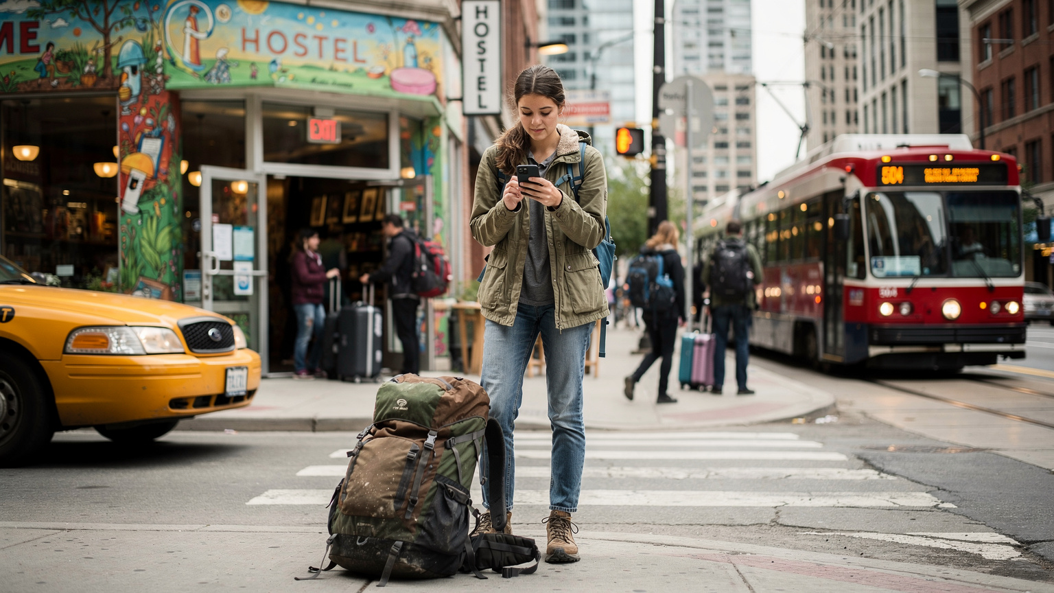 Eine junge Reisende steht vor einem belebten Hostel in Toronto und vergleicht eSIM-Angebote auf ihrem Smartphone, während sie ihren Rucksack abstellt.