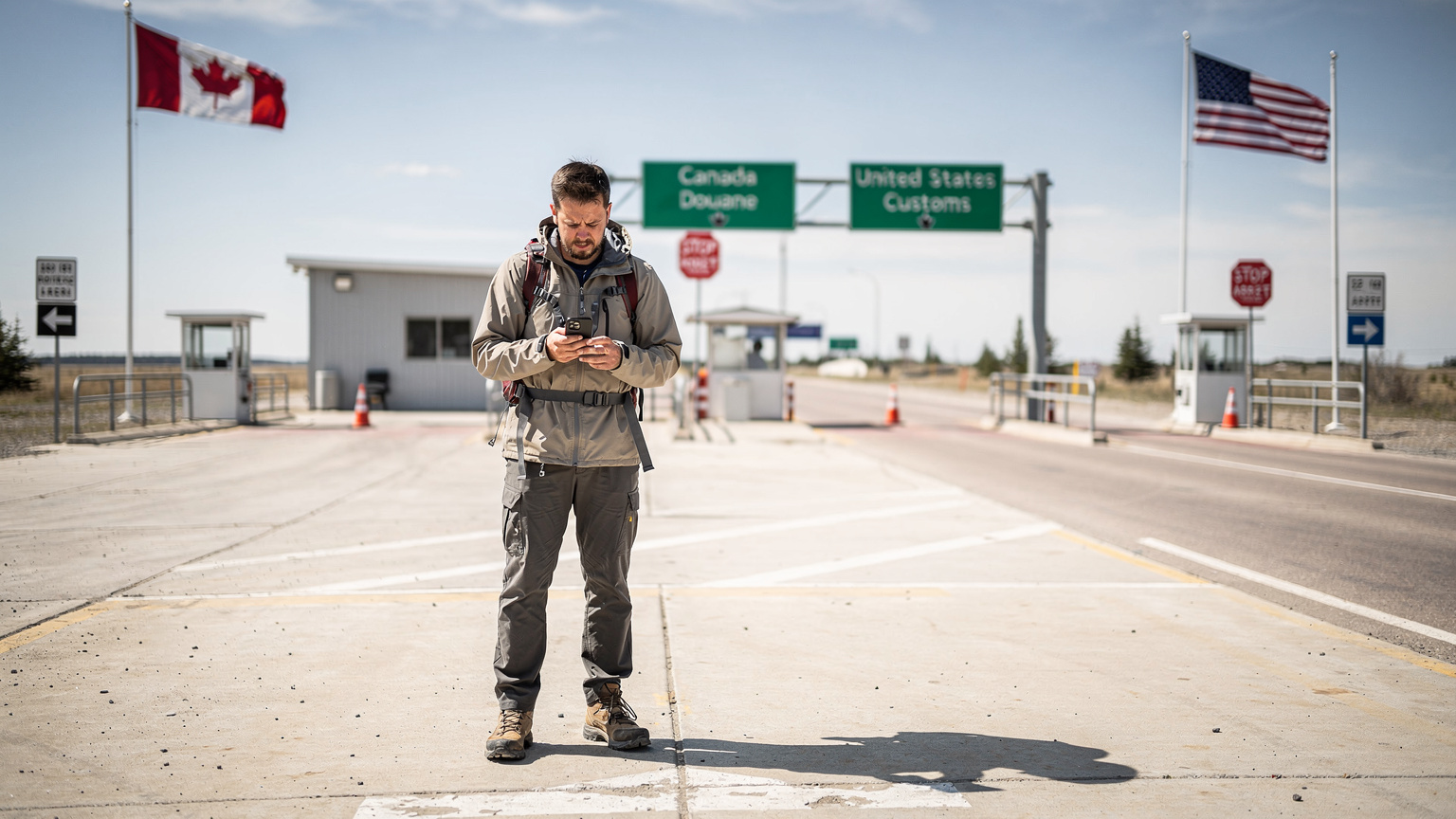 Ein Reisender steht an einem Grenzübergang zwischen Kanada und den USA, sein Blick schweift zwischen seinem Smartphone und den Verkehrsschildern hin und her, während er versucht, das beste Netz zu finden.