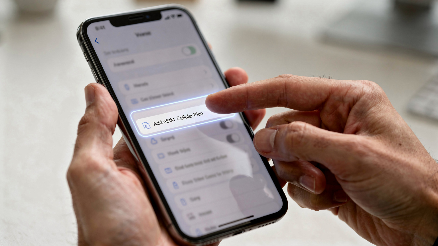 Modern bir akıllı telefonun ayarlar menüsünde, eSIM ekleme seçeneği vurgulanmış bir şekilde gösteriliyor. Ekranda okunabilir metin olmadan, sadece arayüzün genel yapısı ve menü navigasyonu belli oluyor.