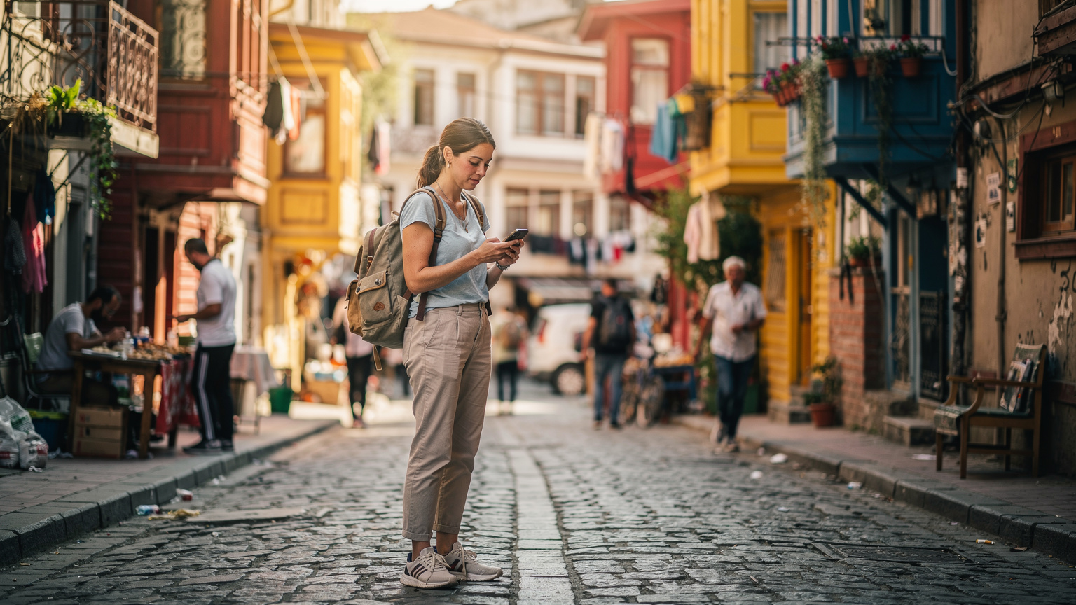 İstanbul'un hareketli bir sokağında, telefonuna eSIM yükleyen bir gezgin, rahat bir nefes alıyor. Arka planda geleneksel mimari ve yerel esnafın dükkanları görülüyor.