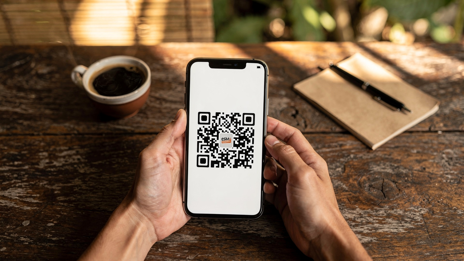 Tangan seorang pengembara memegang telefon pintar yang memaparkan kod QR untuk aktivasi eSIM, di atas meja kafe dengan secawan kopi, menekankan kemudahan proses digital.