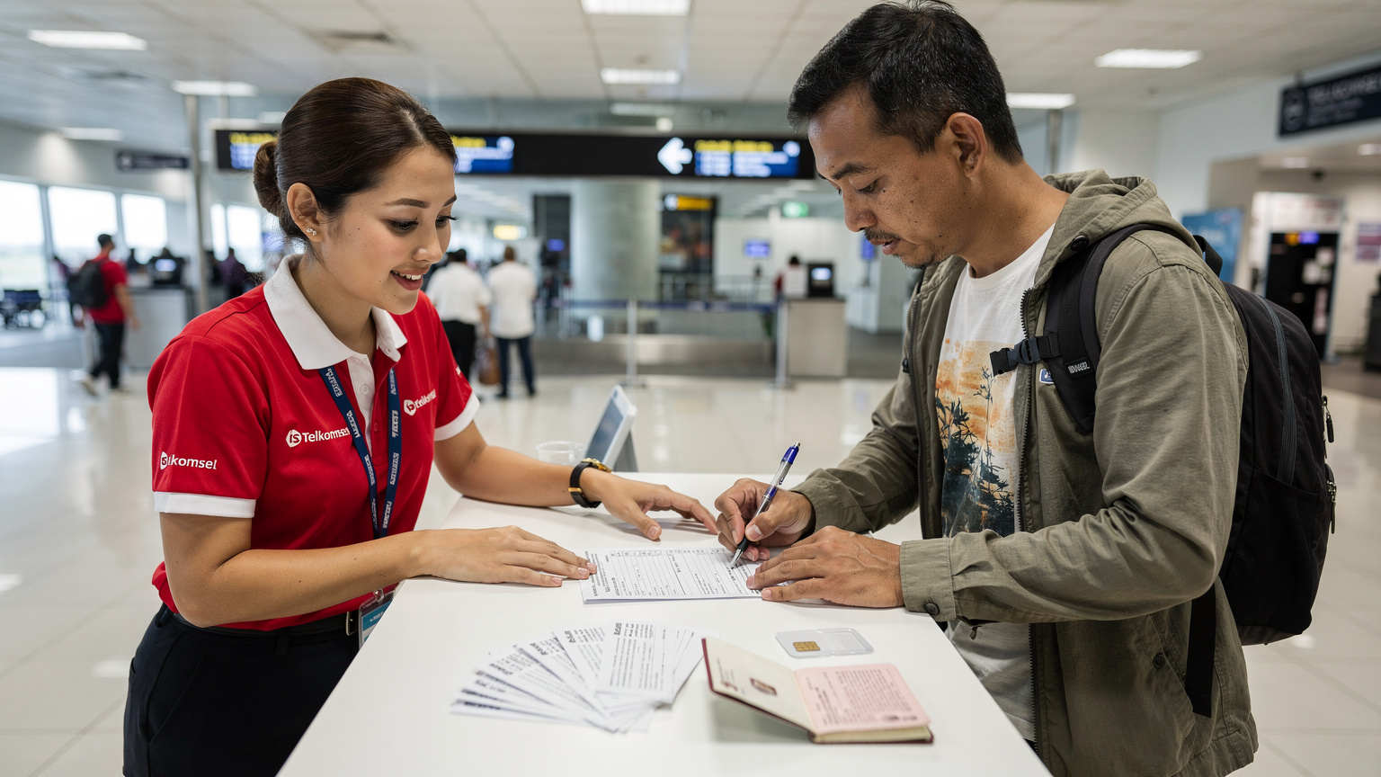 Seorang jurujual di kaunter Telkomsel sedang membantu seorang pelancong mendaftar SIM fizikal, dengan borang dan pasport di atas meja, menunjukkan proses pendaftaran yang kadang kala memakan masa.