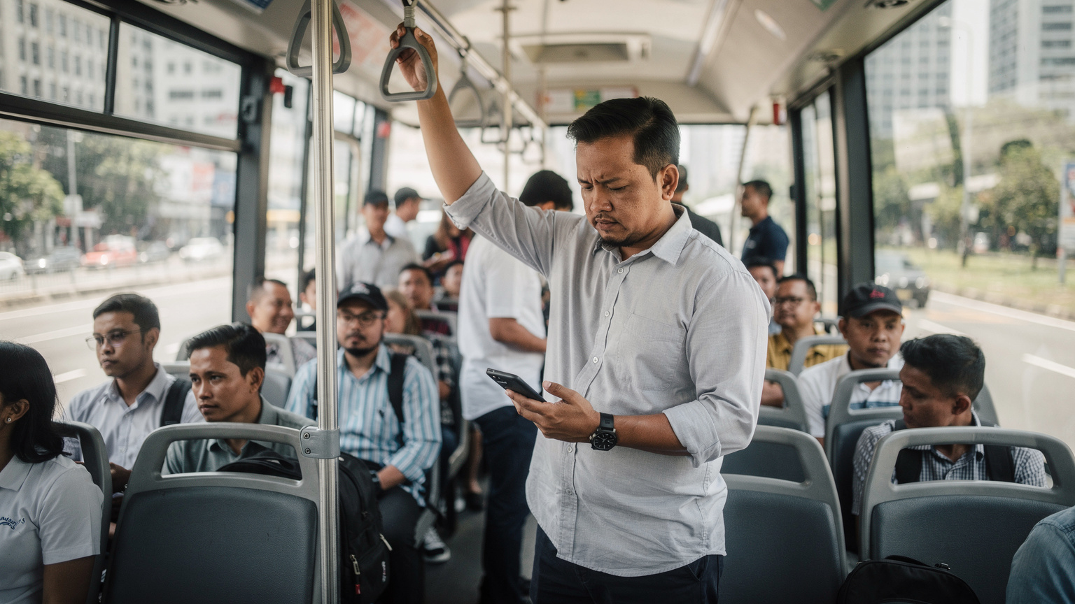 Seorang pengembara sedang menaiki bas awam TransJakarta yang sibuk, sambil melihat telefon pintarnya, menggambarkan keperluan sambungan data yang lancar semasa dalam perjalanan.