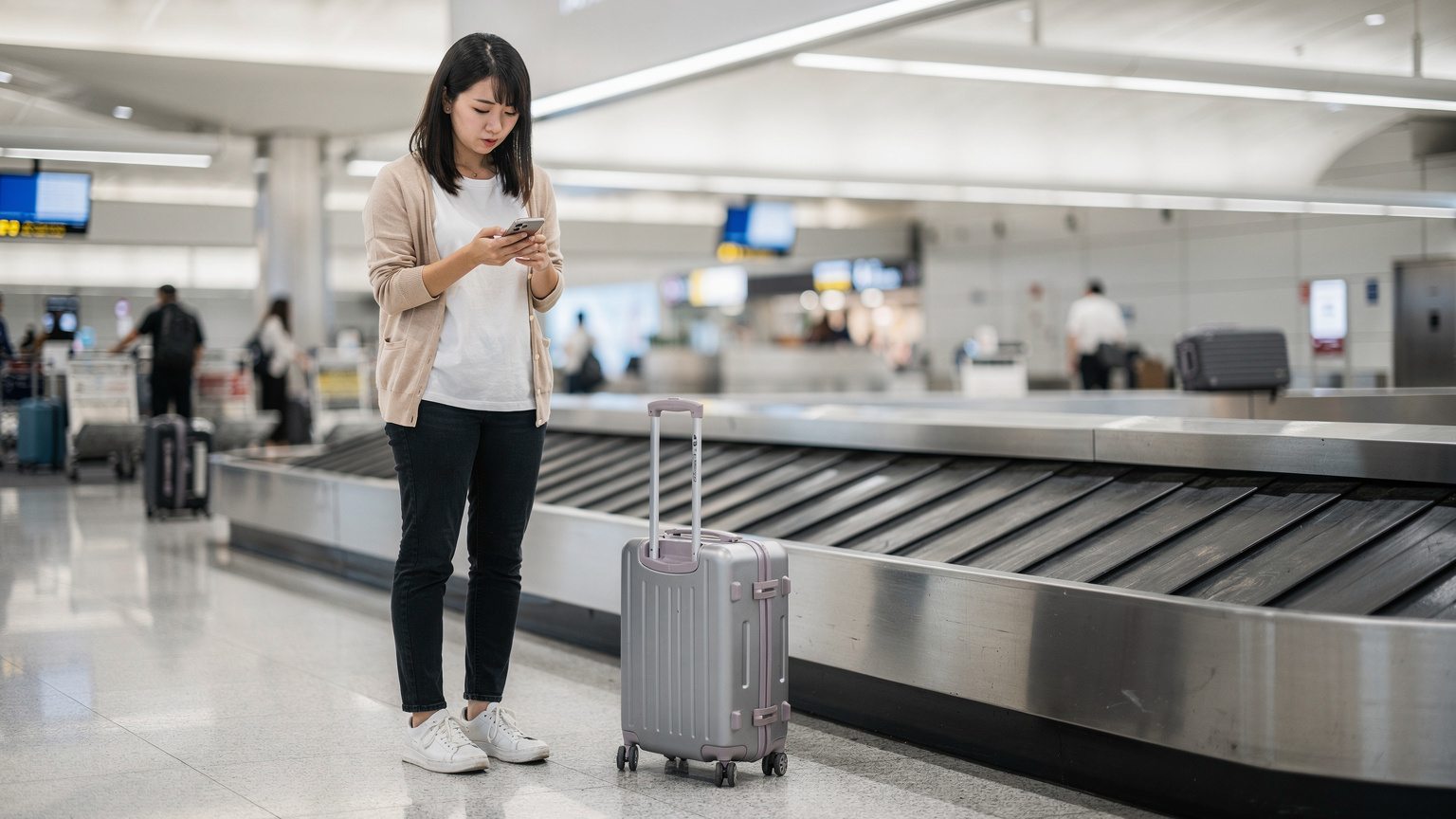 シンガポールのチャンギ国際空港に到着したばかりの旅行者が、手荷物を取りながらiPhoneのeSIM設定画面を真剣な表情で確認している様子。不安そうな表情がうかがえる。