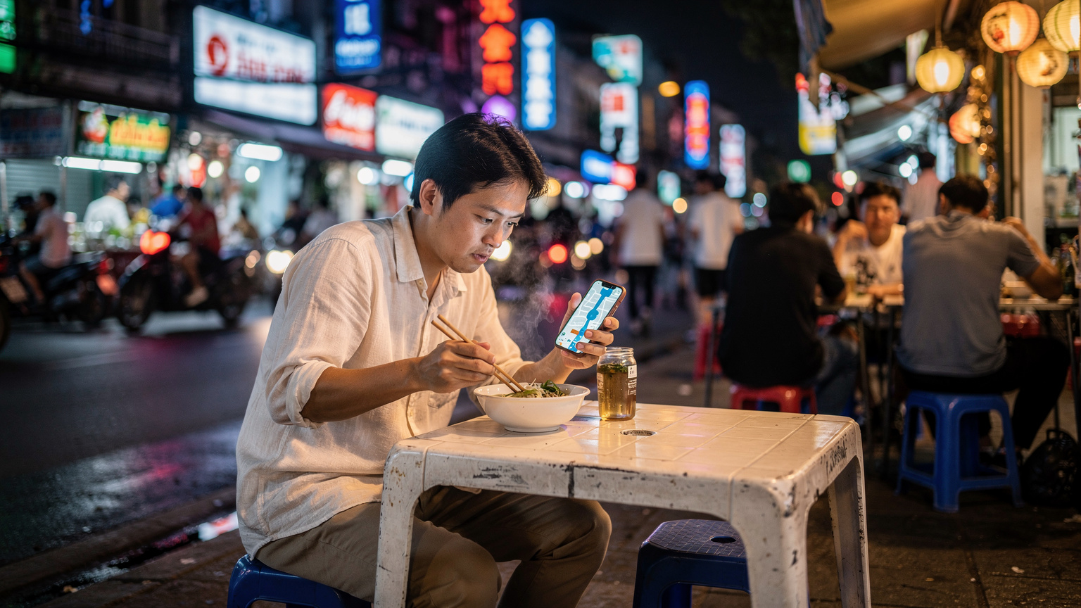 ベトナム・ホーチミンのBùi Viện通りで、屋台のフォーを食べる旅行者が、スマートフォンを片手に地図アプリをチェックしている様子。活気あるストリートの夜景が背景にある。