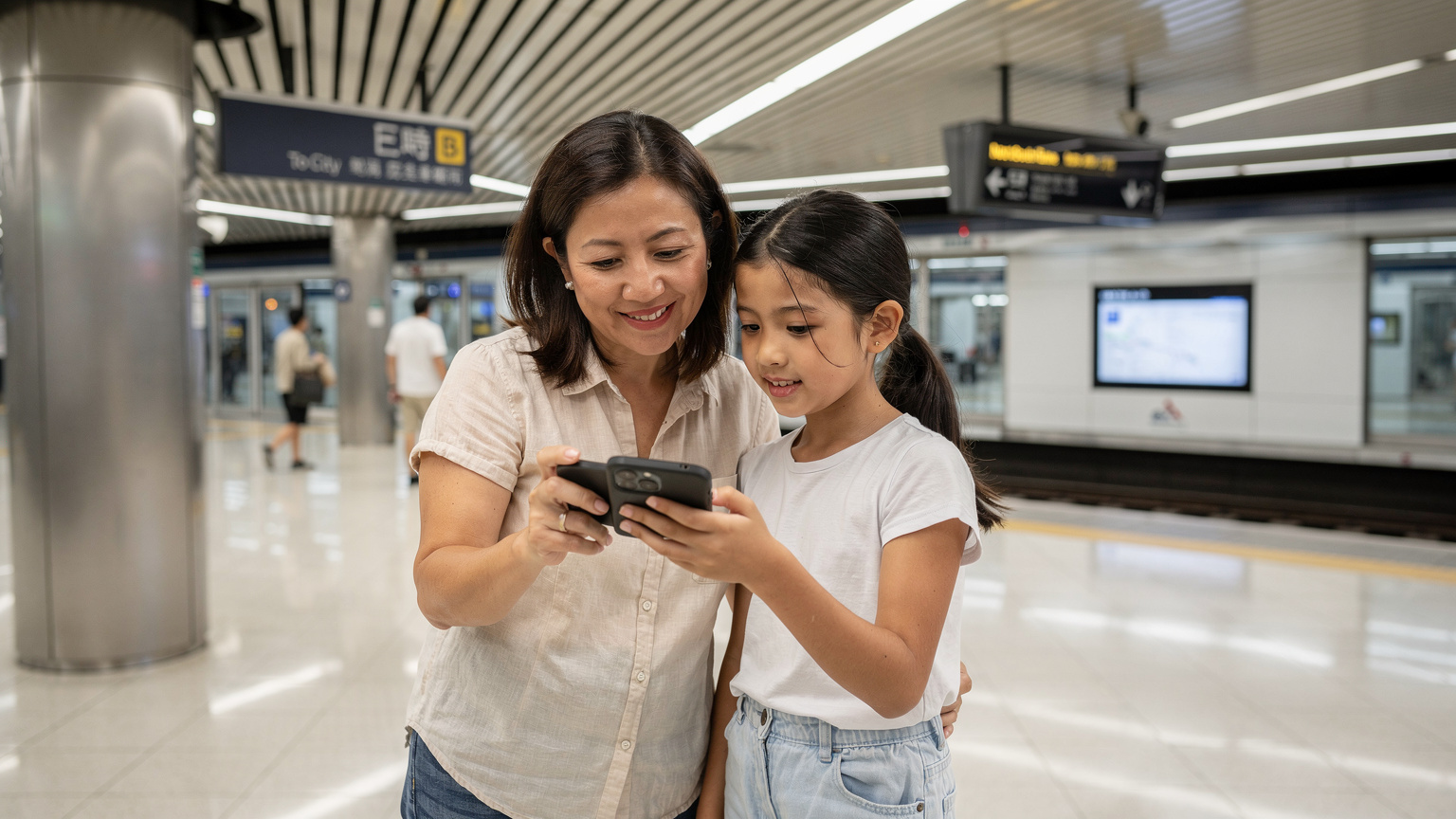 Seorang ibu dan anak perempuan melihat ponsel mereka, mencari arah di dalam stasiun MRT Singapura yang modern dan bersih.