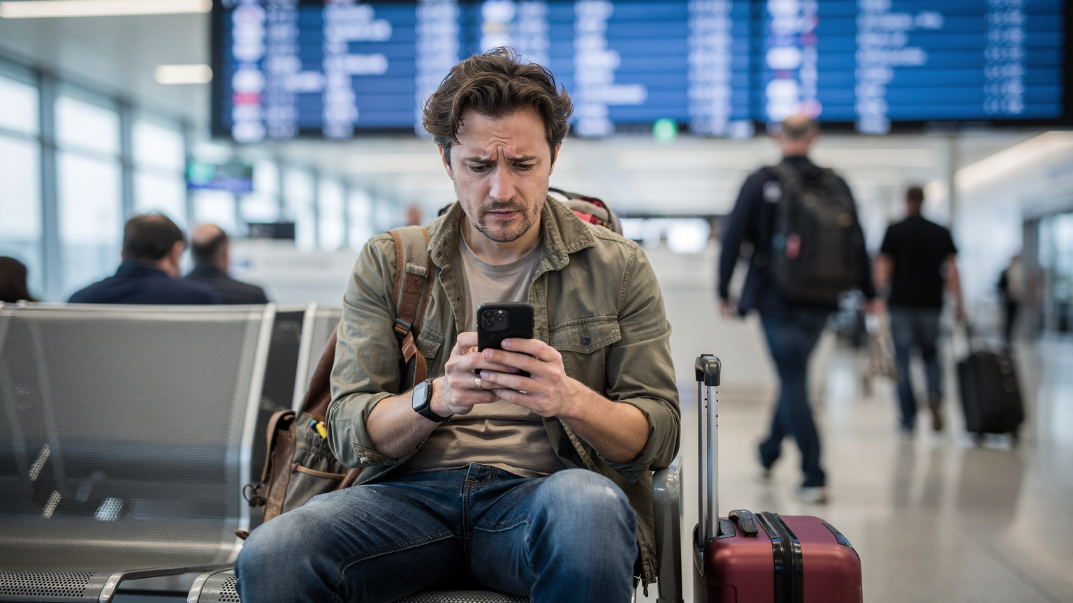 A digital nomad looking concerned at their phone in an airport, showing a 'No Service' message, with departure boards and other travelers in the background.