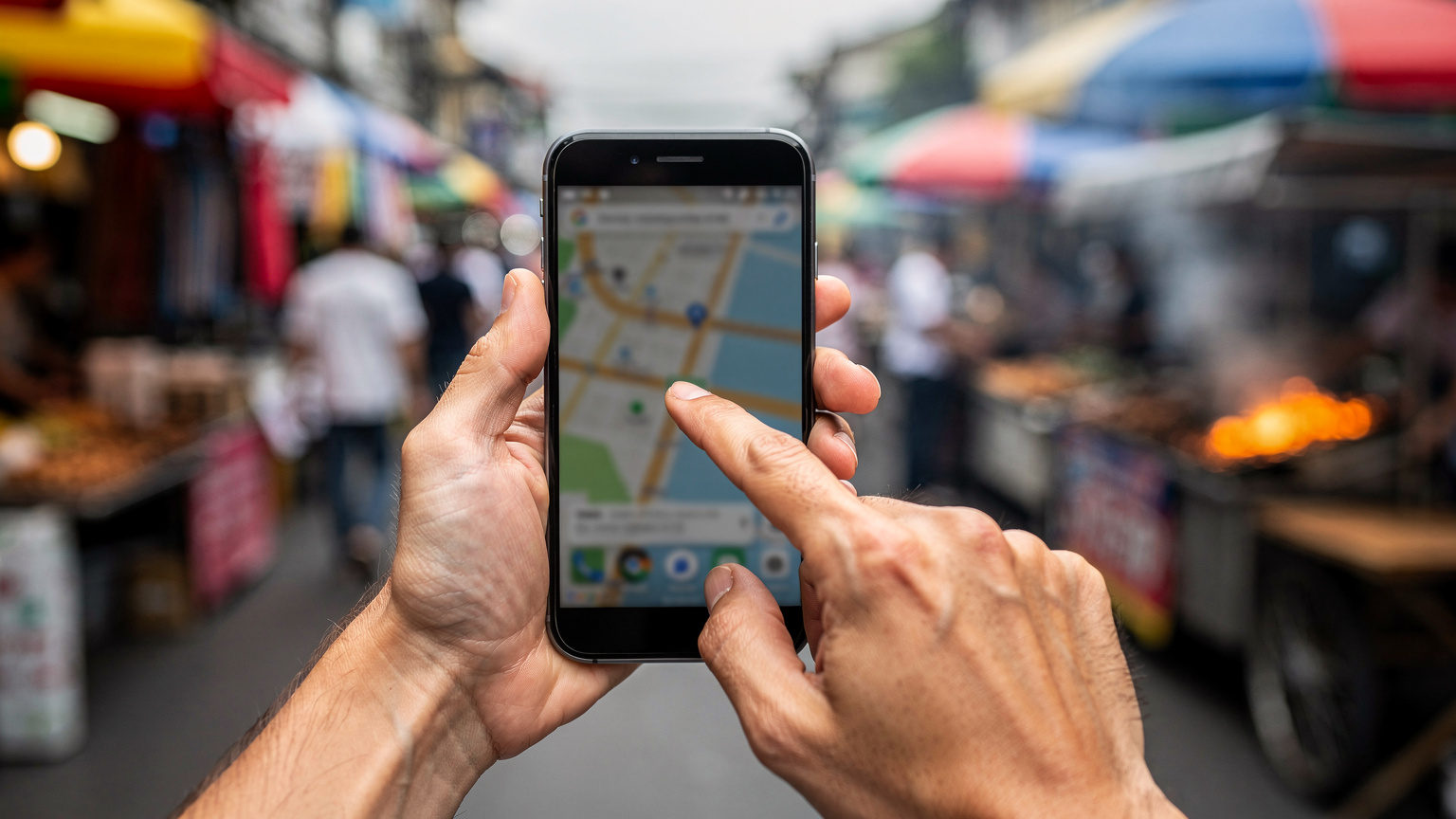 Close-up of a person's hands holding a smartphone, with a blurred map application on screen, while navigating a bustling street market in Southeast Asia. The hands are clean and well-kept.
