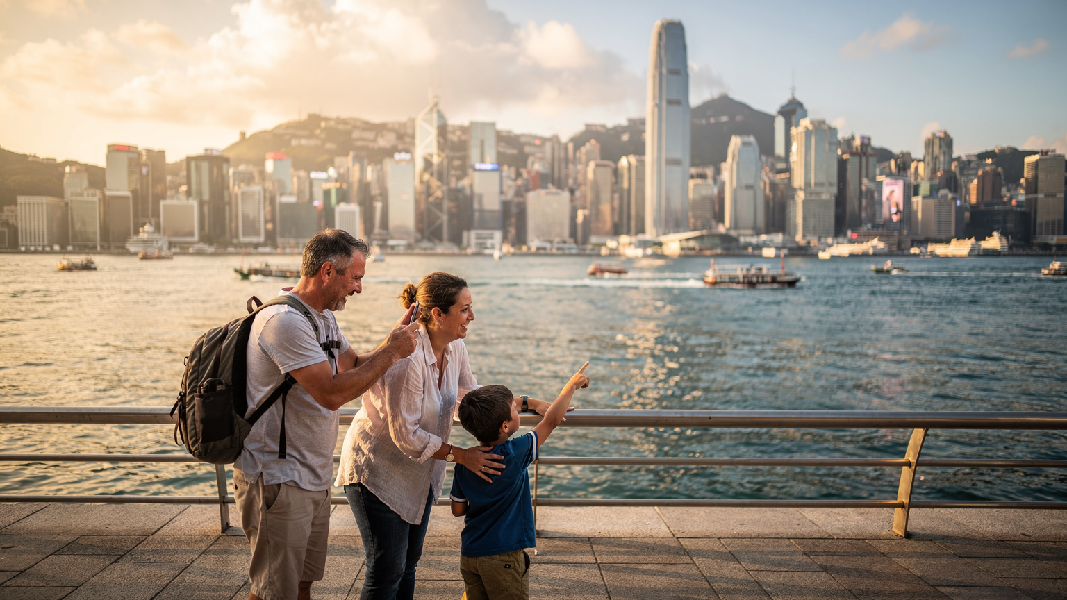 一家三口在香港维多利亚港边,父亲拿着手机拍照,母亲看着孩子,孩子们在开心地玩耍,背景是繁华的城市天际线。
