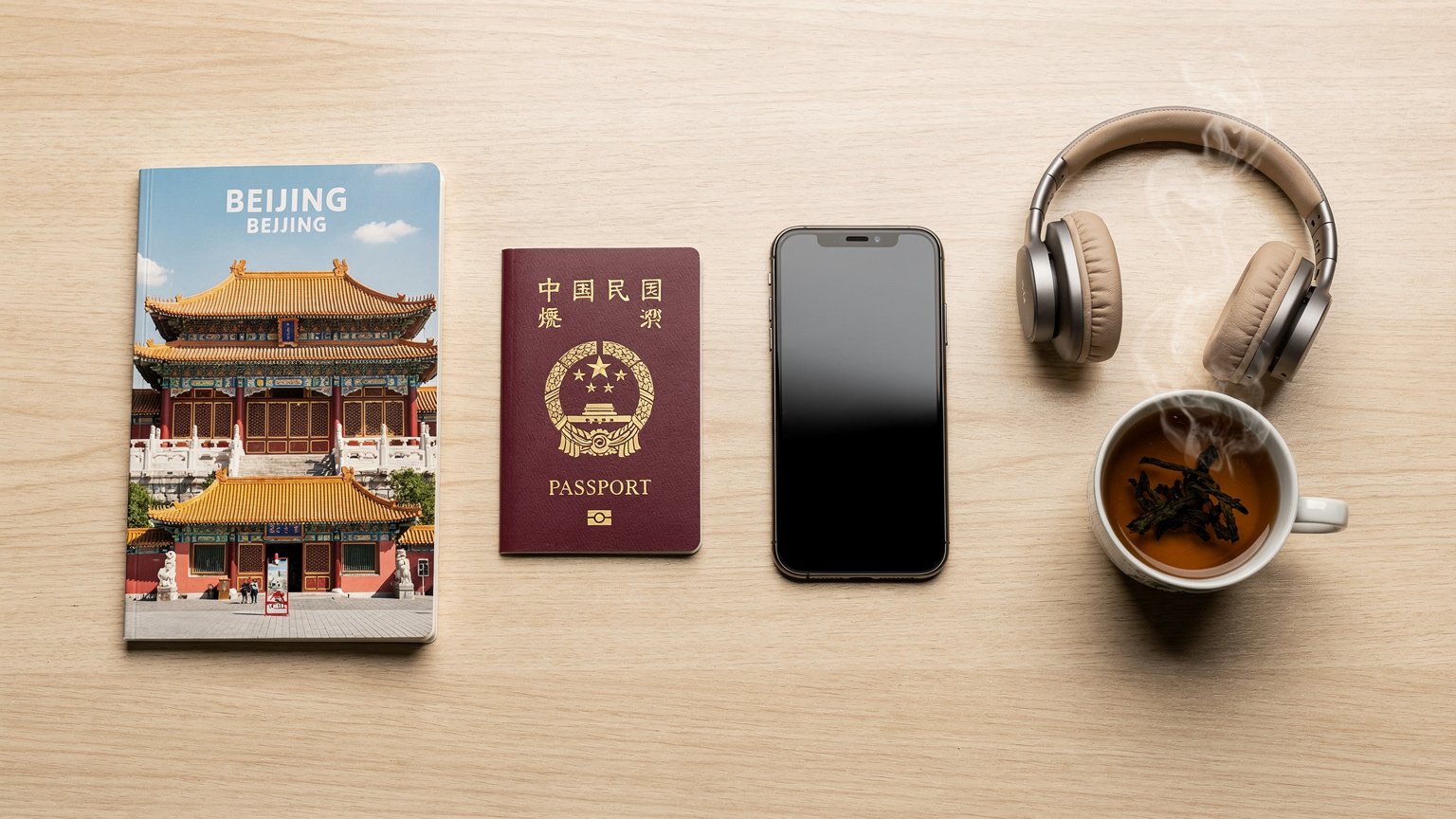 一张俯拍图,桌面上摆放着护照、智能手机、耳机、一本旅行指南和一杯咖啡,营造出一种旅行规划的氛围。