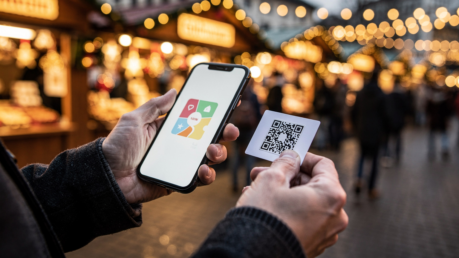 Nahaufnahme von Händen, die ein Smartphone halten und den QR-Code einer eSIM scannen, im Hintergrund verschwommen das bunte Treiben eines belebten deutschen Weihnachtsmarktes mit Holzbuden und Lichtern.