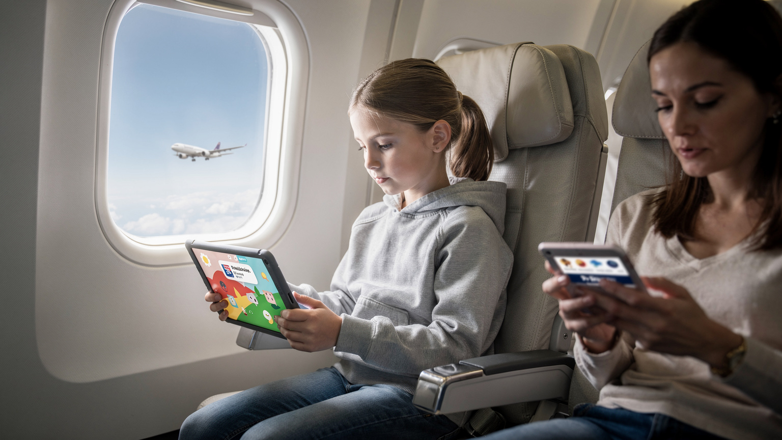 Ein junges Mädchen hält ein Tablet, auf dem ein Lernspiel läuft, während ihre Mutter im Hintergrund auf ihrem Smartphone die eSIM-Einstellungen überprüft und durch das Fenster ein Flugzeug am Himmel zu sehen ist.