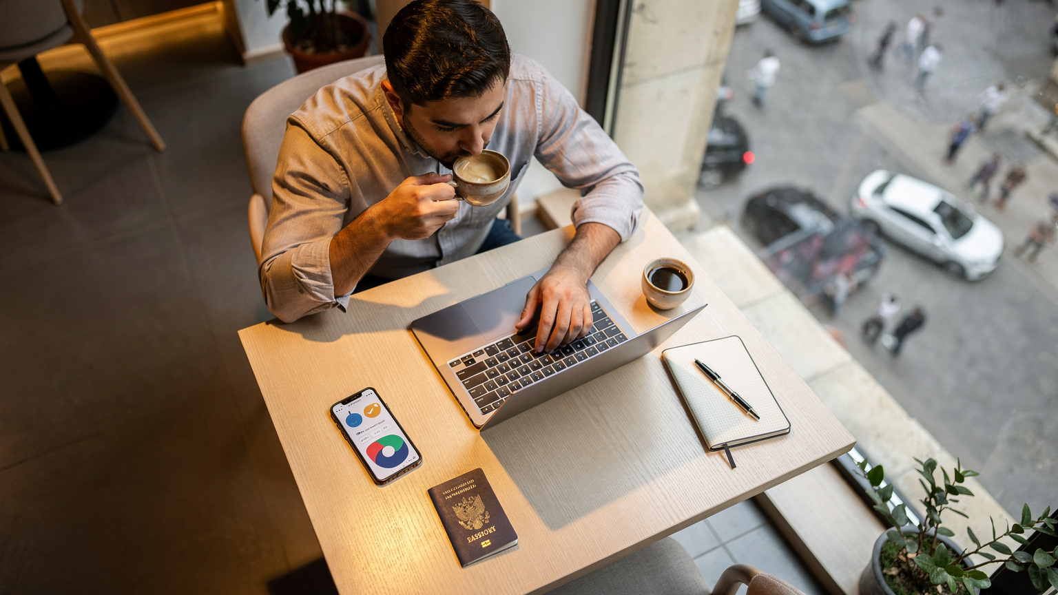 Bakü'nün modern bir kafesinde, dizüstü bilgisayarında çalışan bir dijital göçebe, kahvesini yudumlarken telefonundaki eSIM uygulamasından veri kullanımını kontrol ediyor.