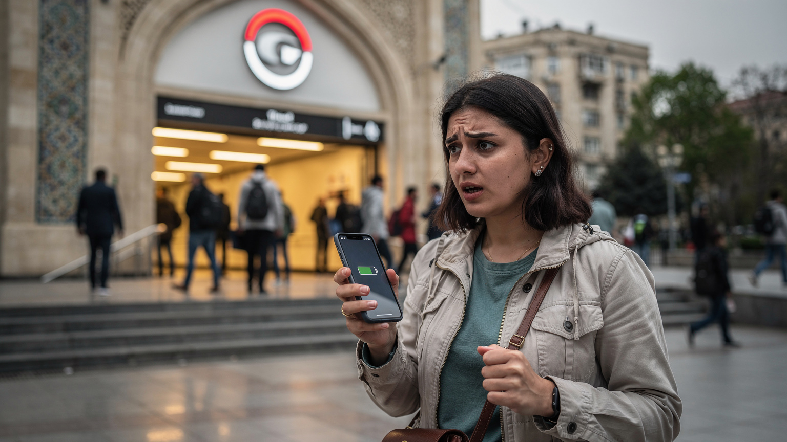 Bakü'de, metro istasyonunun hareketli girişinde, telefonunun şarjı azalan ve internet bağlantısı yavaşlayan bir turist, endişeyle ekrana bakıyor.