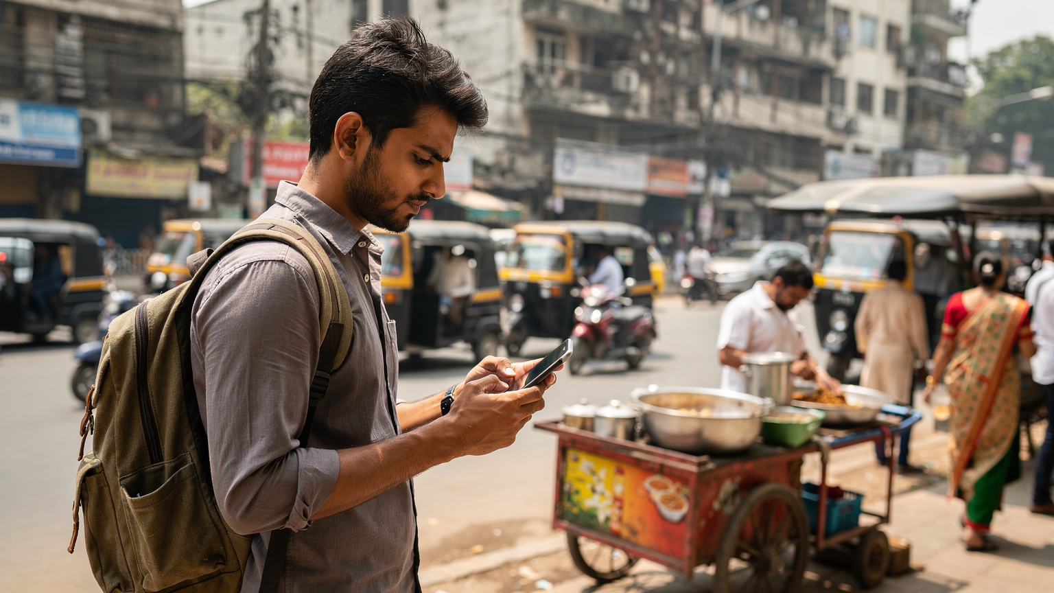 एक भारतीय यात्री मुंबई की एक व्यस्त सड़क पर अपने स्मार्टफोन में डुअल-सिम सेटिंग्स की जांच कर रहा है, उसके आसपास ऑटो-रिक्शा और स्ट्रीट वेंडर्स का शोर है।