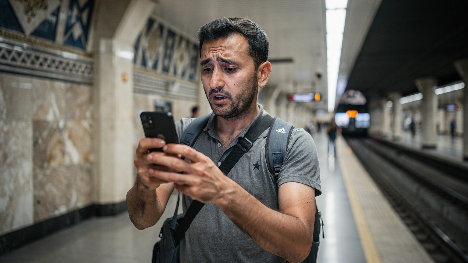 A traveler looking concerned at their smartphone while waiting at a Baku Metro station, suggesting a connectivity issue.