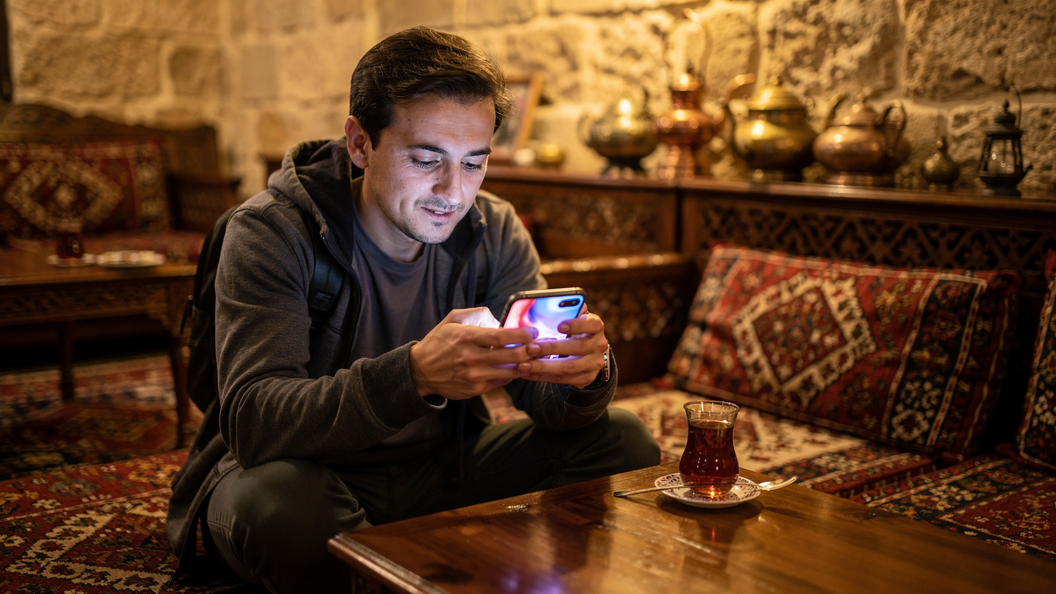 A tourist using a smartphone at a traditional Azerbaijani tea house, enjoying seamless connectivity.