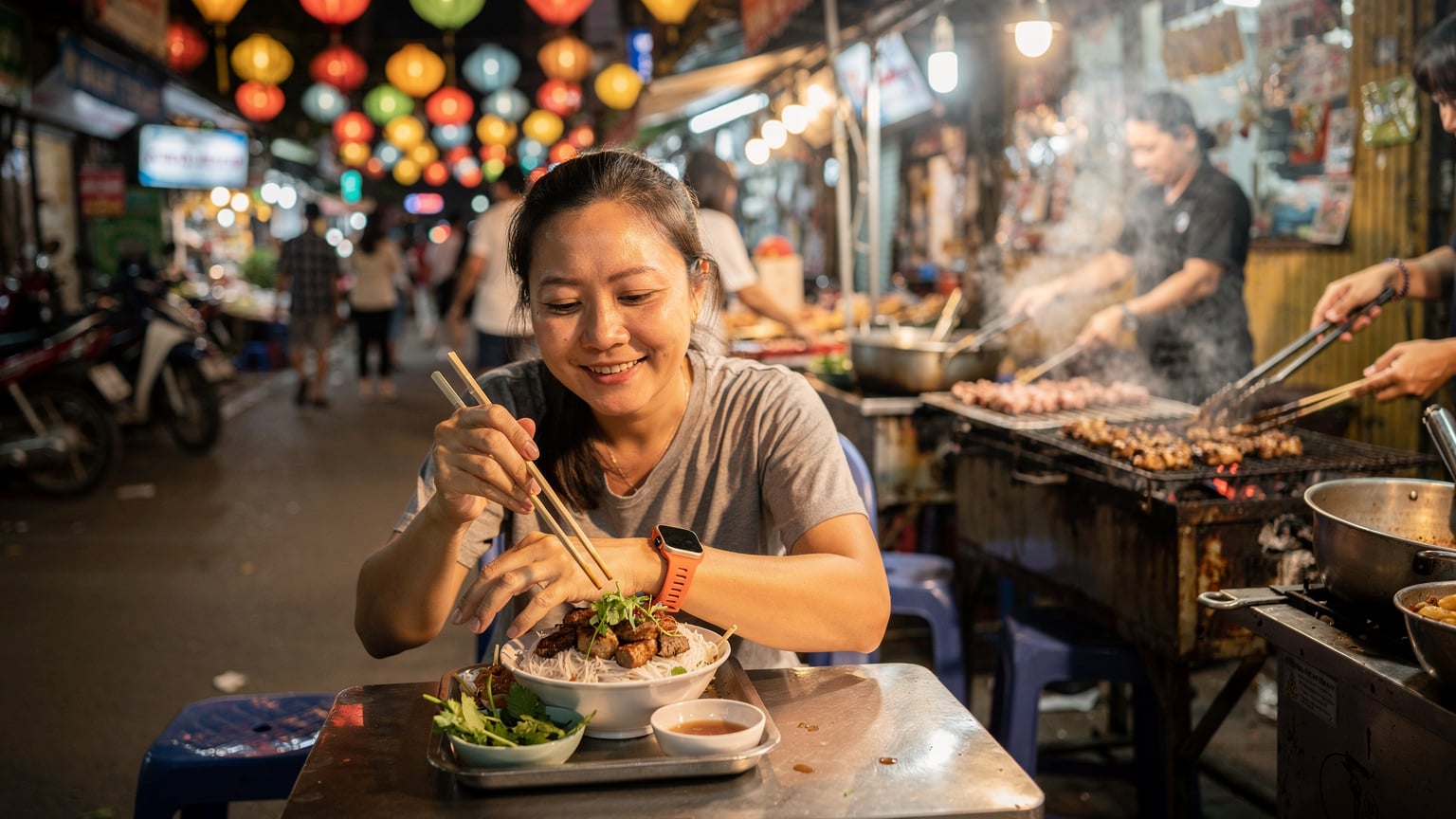 Eine Frau in einem geschäftigen vietnamesischen Nachtmarkt in Hanoi, die eine traditionelle Schale Bún chả genießt, während ihre Apple Watch Ultra 3 am Handgelenk sichtbar ist, als Zeichen der mühelosen Konnektivität auch in exotischen Umgebungen.