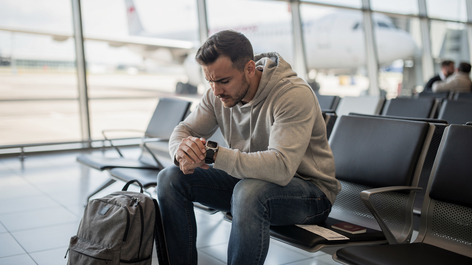 Ein Reisender am Flughafen Berlin Brandenburg (BER) überprüft seine Apple Watch Ultra 3 auf Roaming-Einstellungen, bevor er seinen Flug zu einem internationalen Ziel antritt.