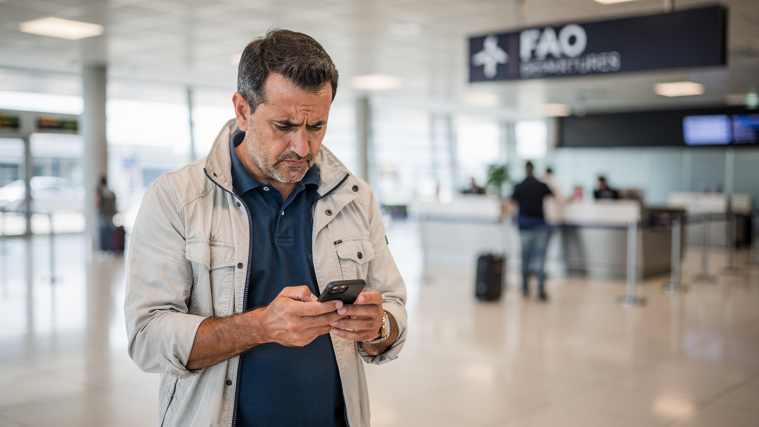 Mężczyzna w średnim wieku, zaniepokojony, trzyma smartfon i patrzy na ekran, stojąc przy recepcji lotniska w Faro, wskazując na problem z połączeniem.