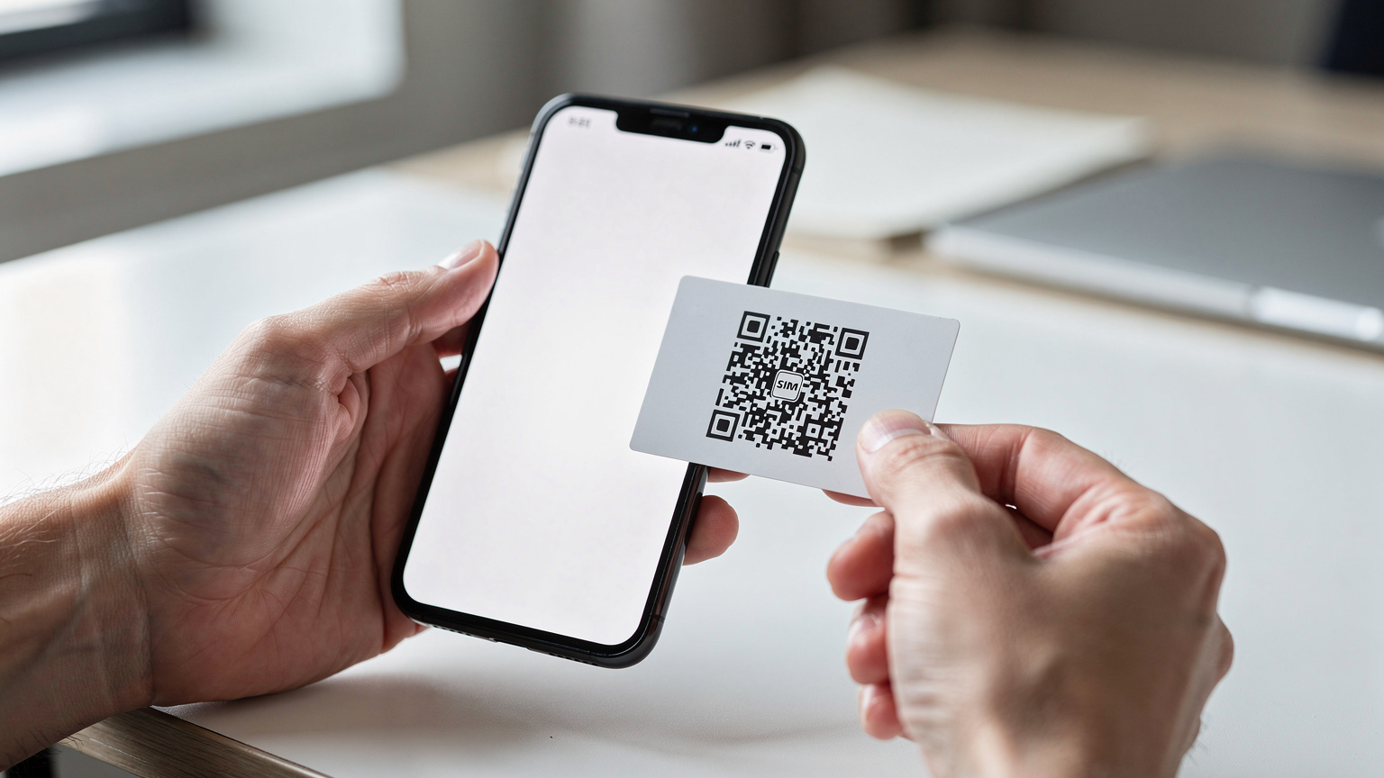 Zbliżenie na dłoń trzymającą smartfon z wyświetlonym procesem skanowania kodu QR dla aktywacji eSIM.
