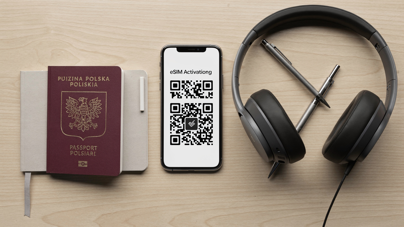 Elegancka, płaska kompozycja z paszportem, smartfonem z widocznym kodem QR, słuchawkami i notesem podróżnym, wszystko na tle jasnego drewna.