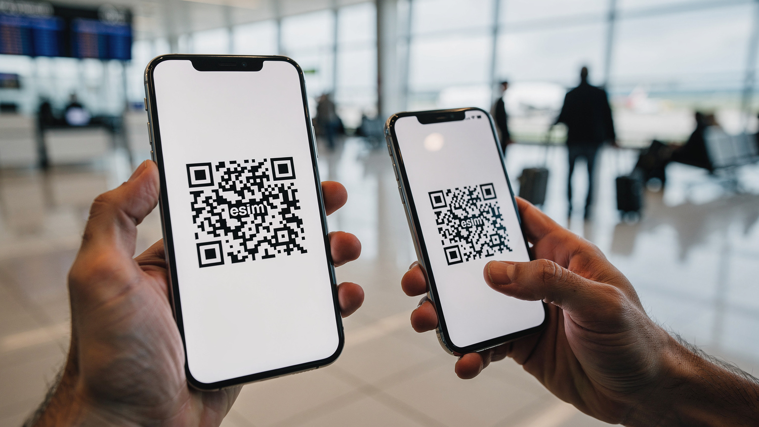 Крупний план рук, що тримають смартфон, на екрані якого відображається процес сканування QR-коду для активації eSIM. На задньому плані видно розмитий інтер'єр аеропорту.