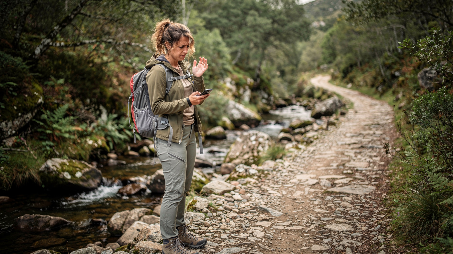 Uma mulher frustrada verifica seu smartphone em uma área rural do Gerês, tentando encontrar sinal de celular para se comunicar.