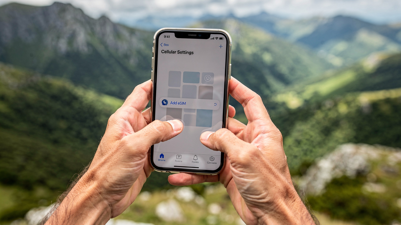 Mãos de um viajante segurando um smartphone, com a tela mostrando as configurações de rede celular e a opção de adicionar um eSIM, em um fundo desfocado de uma paisagem de montanha.