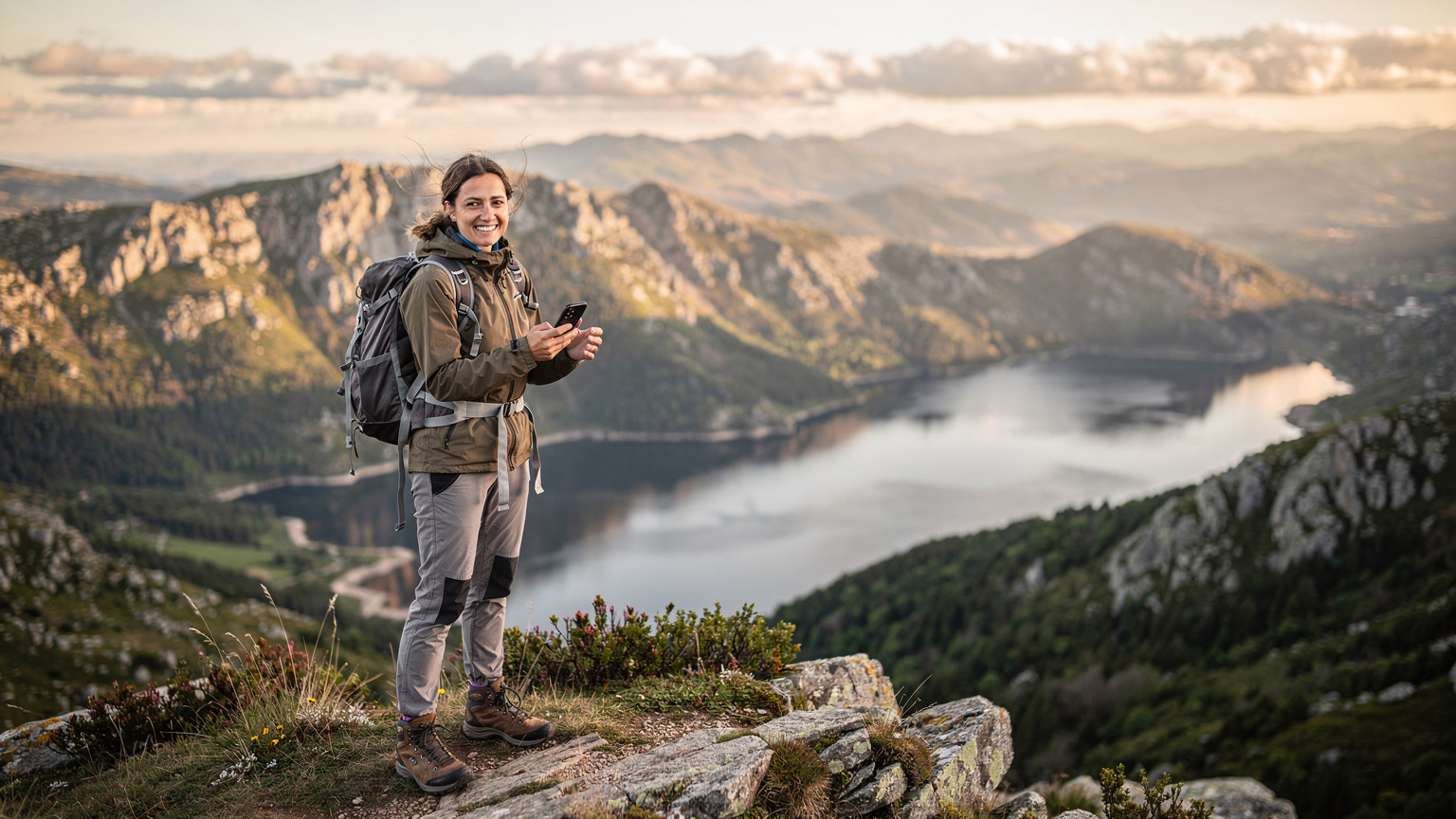 Uma caminhante sorrindo para a câmera, com seu smartphone na mão, enquanto compartilha uma foto instantânea da paisagem deslumbrante do Gerês, com um lago e montanhas ao fundo.