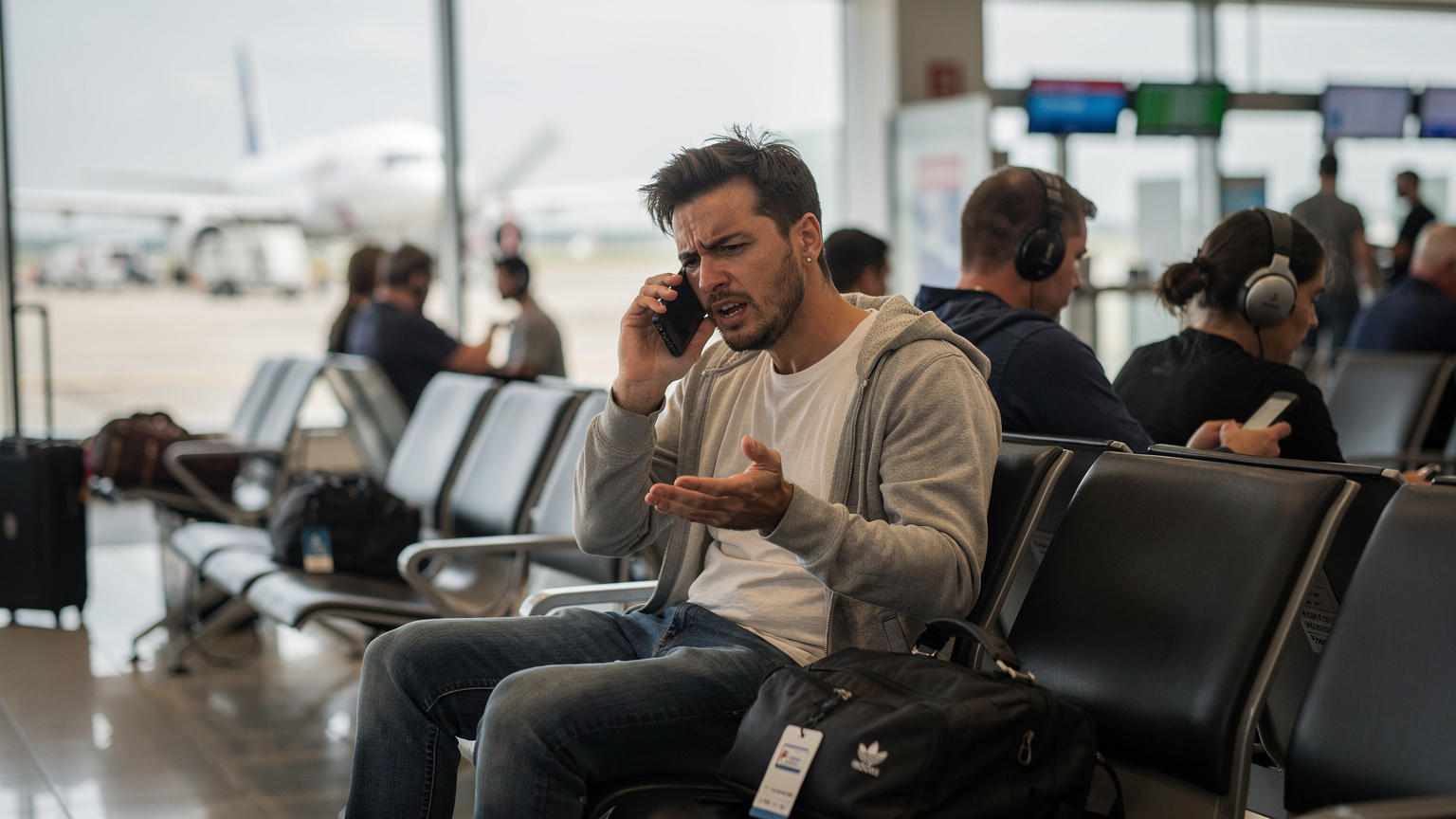 A traveler at a busy airport gate, looking frustratedly at their phone, trying to make an important call.