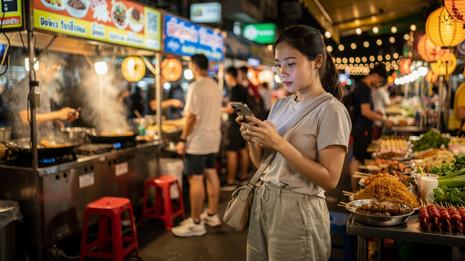 A traveler in a bustling Bangkok street food market uses their phone to navigate, highlighting the reliance on data for modern travel.