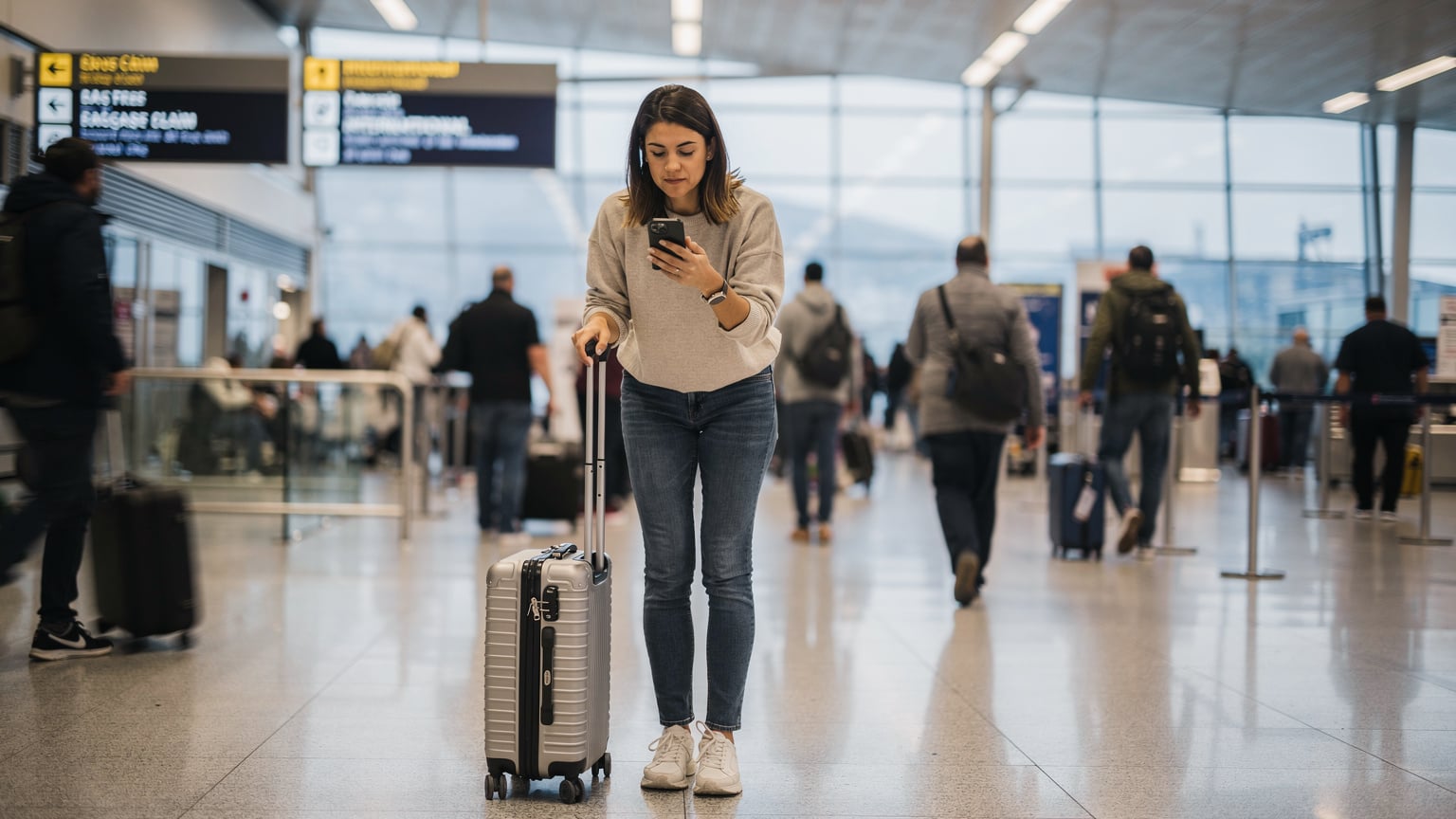 Une femme voyageuse tenant son smartphone, le regard concentré sur l'écran pour l'activation d'une eSIM, dans le hall d'arrivée de l'aéroport Charles de Gaulle à Paris.