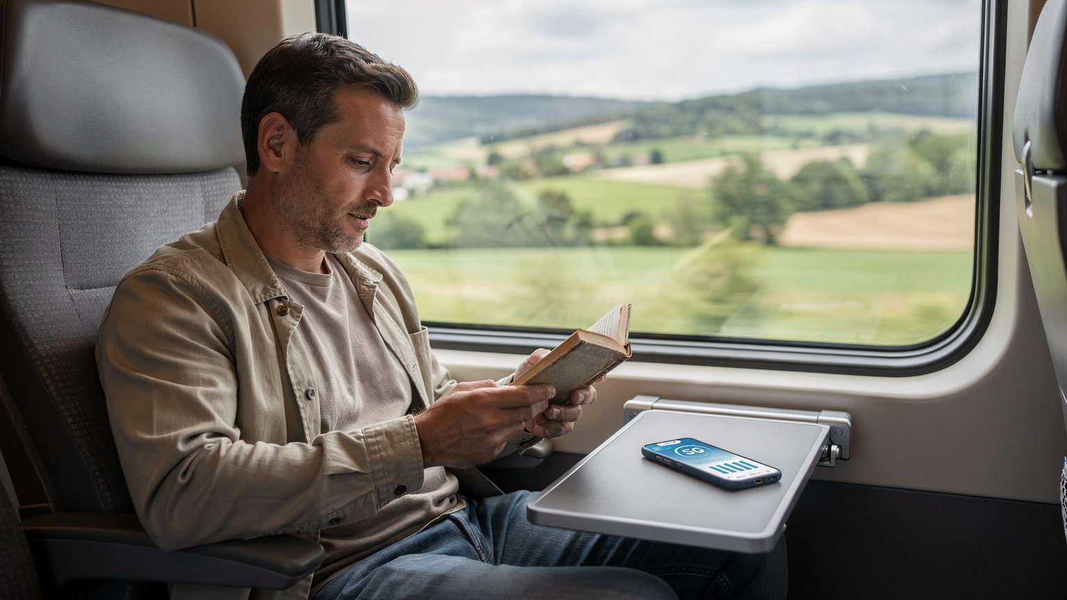 Un passager à bord d'un TGV français, lisant un livre, avec son smartphone sur la tablette affichant une connexion réseau 5G stable, traversant un paysage de campagne française.
