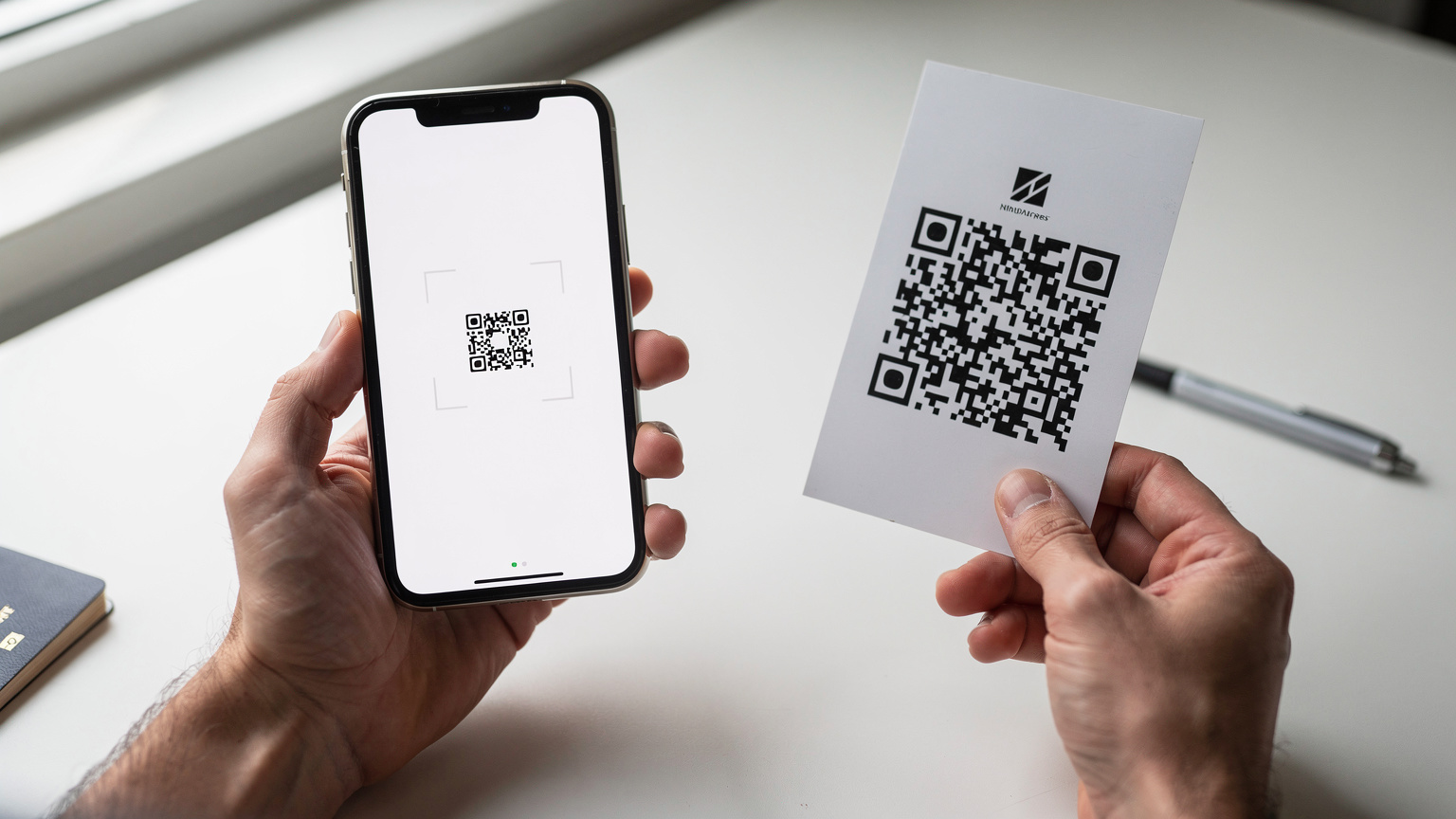 一雙手握著 iPhone,屏幕上清晰顯示著eSIM的QR碼掃描界面,另一隻手拿著一張列印有Cellesim QR碼的紙張,背景是簡潔的桌面,暗示著準備出行的氛圍。
