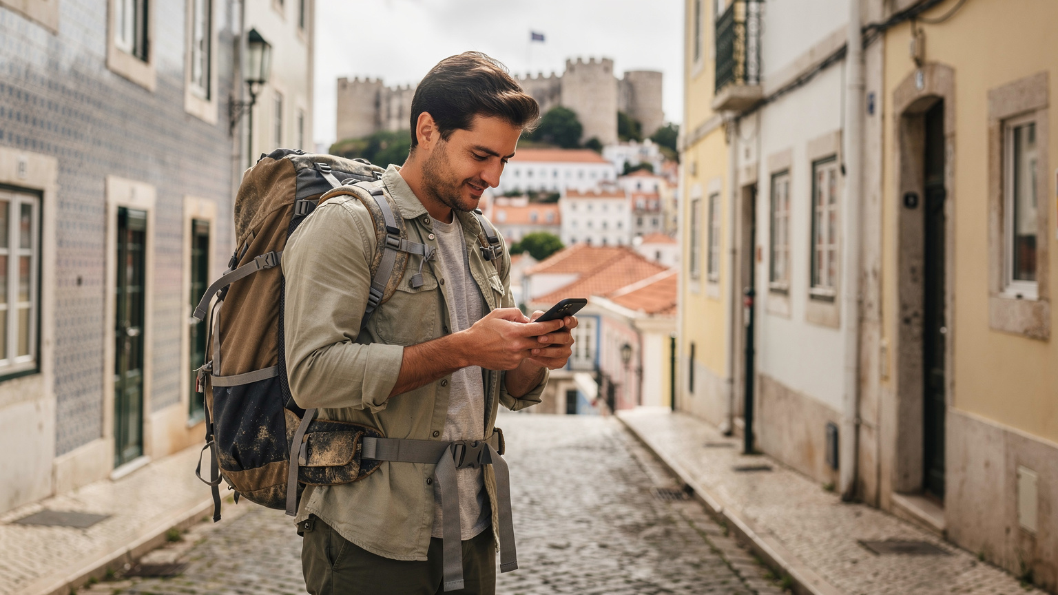 Um mochileiro em Lisboa, Portugal, usando seu smartphone para ativar um eSIM, com o Castelo de São Jorge ao fundo. Ele está aproveitando a conveniência da conectividade instantânea.