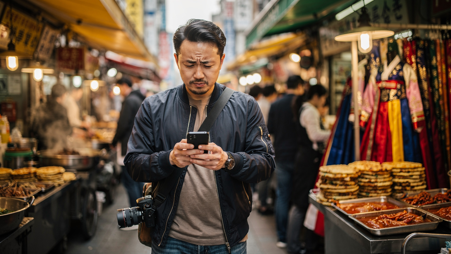 ソウルの伝統的な市場で、旅行者がスマートフォンを手に、困った表情で画面を見つめている。周囲は活気に満ち、屋台の食べ物が並んでいるが、旅行者は接続の問題に直面しているようだ。