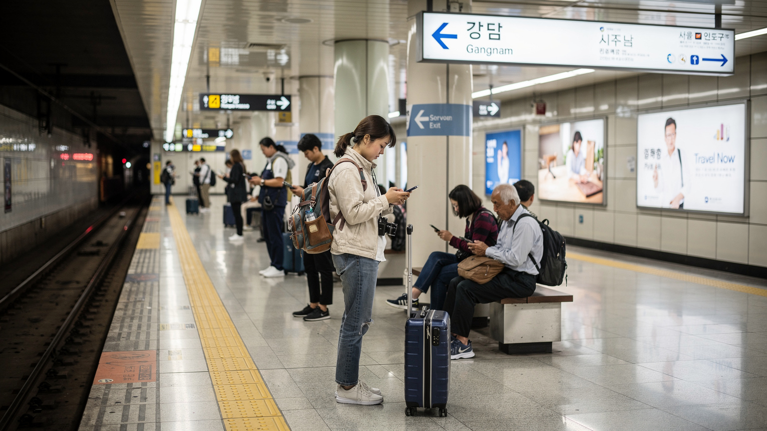 ソウルの地下鉄駅構内で、多くの人がスマートフォンを操作しながら列車を待っている様子。駅の壁には広告が貼られ、公共交通機関の利便性を感じさせる。