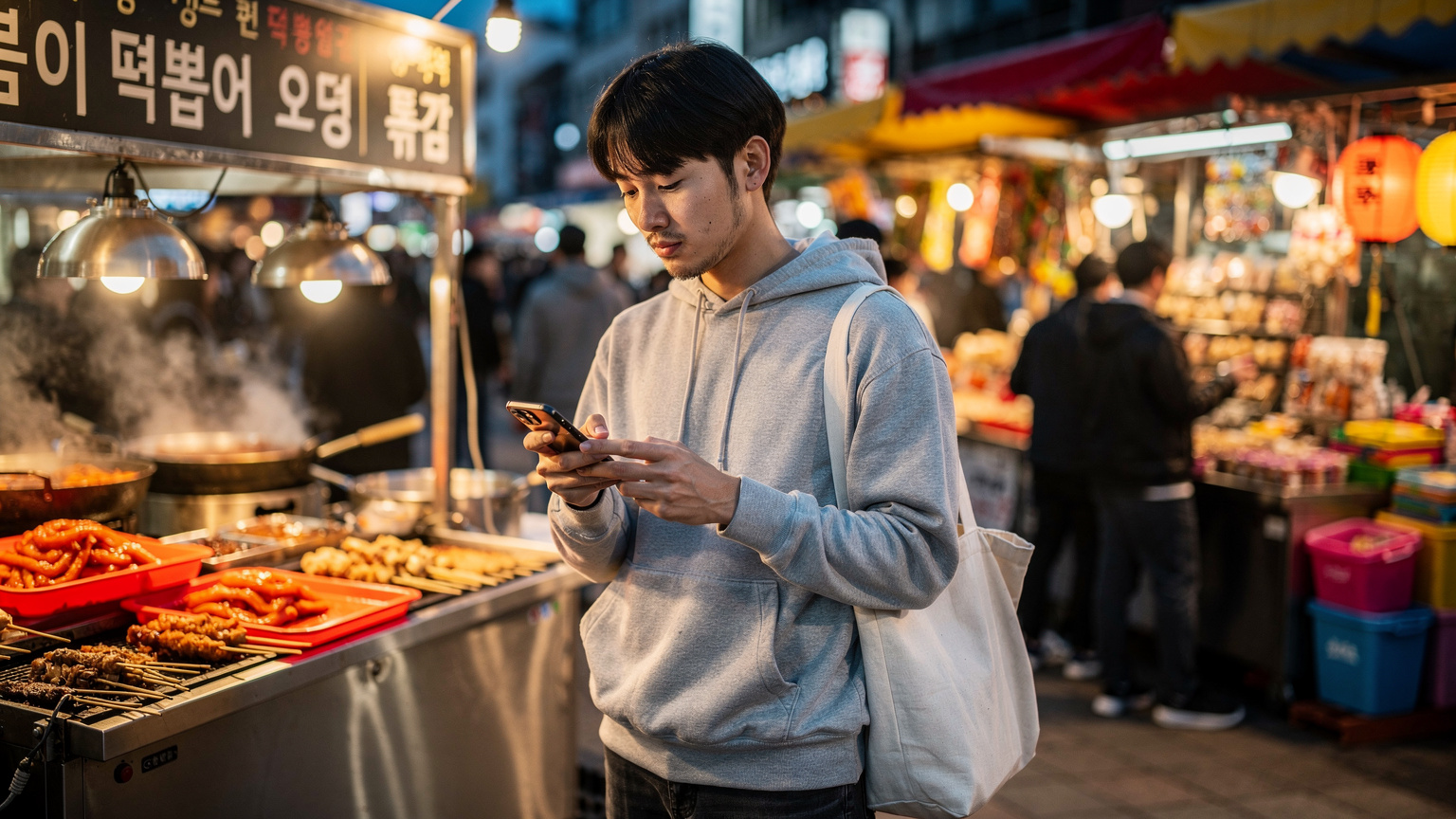 ソウルの東大門市場で、旅行者がスマートフォンを使いながら屋台のメニューを翻訳している様子。周囲には色とりどりの商品や人々が賑やかに行き交う。