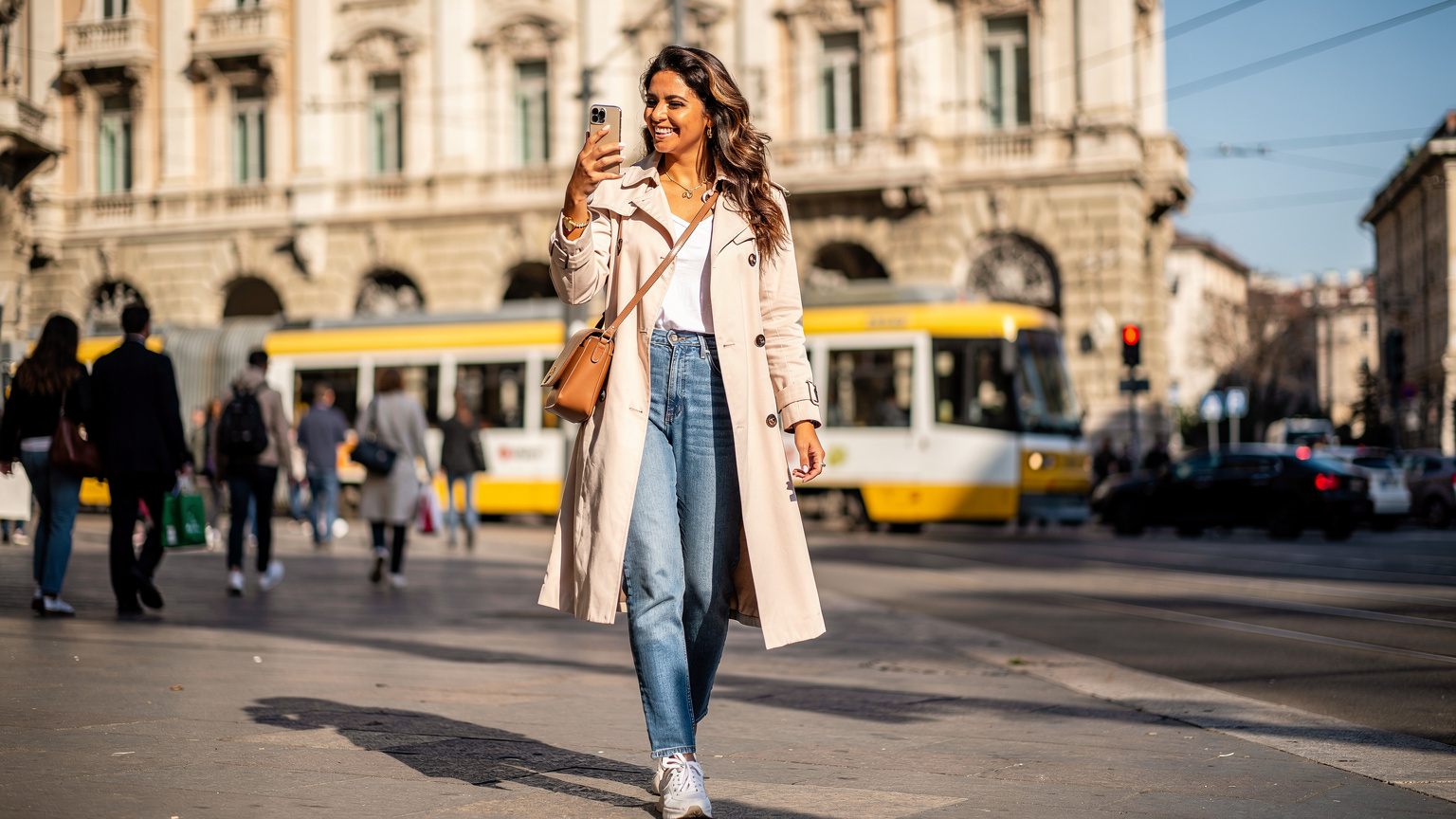 Uma mulher está usando seu celular para fazer uma videochamada enquanto caminha por uma rua movimentada em Milão, Itália, com arquitetura clássica ao fundo. Ela está sorrindo e parece estar se comunicando facilmente.