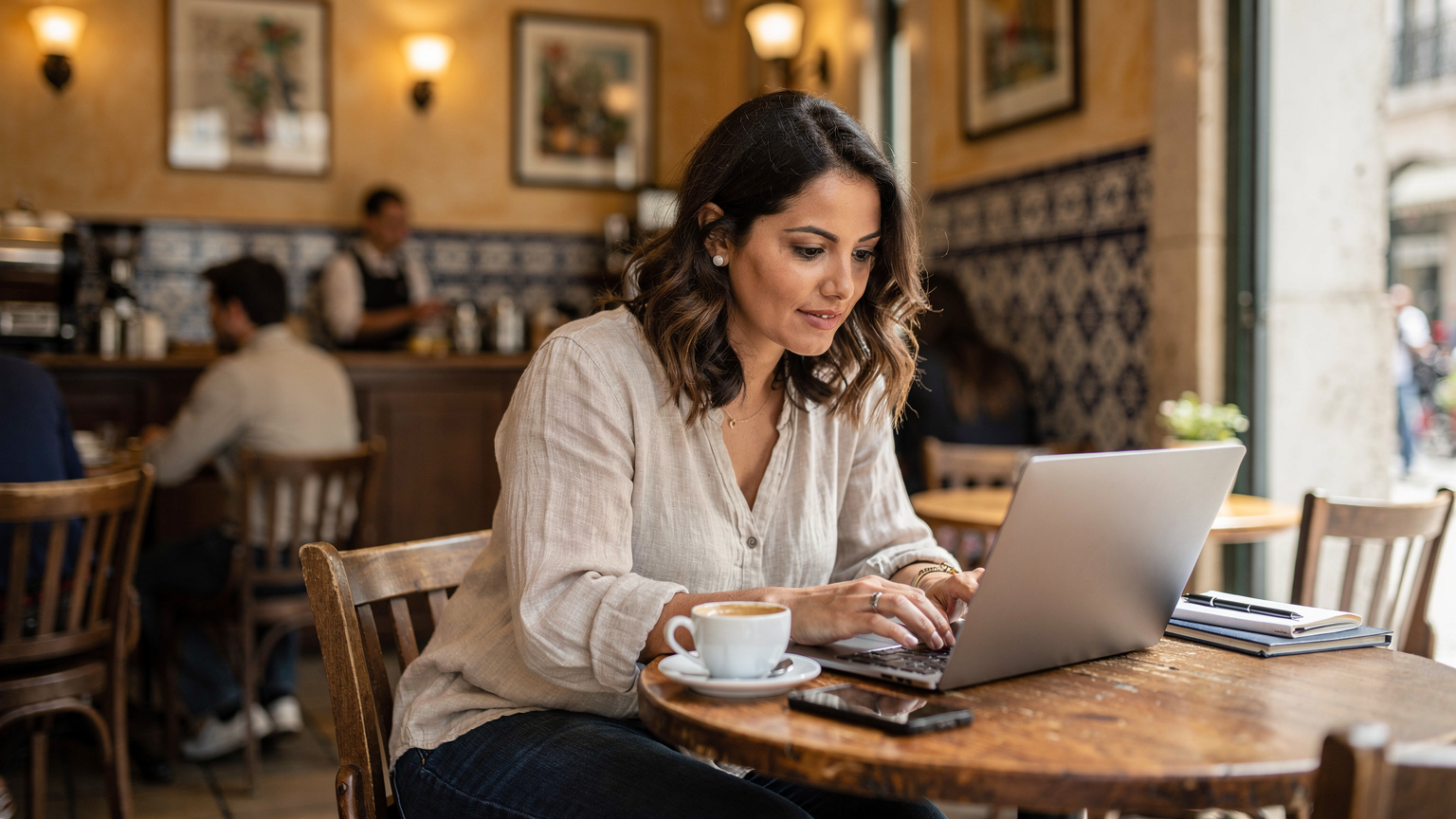 Uma mulher está sentada em um café movimentado em Lisboa, Portugal, com seu laptop aberto, um telefone ao lado e uma xícara de café. Ela parece focada em seu trabalho, com a vibração urbana ao fundo.