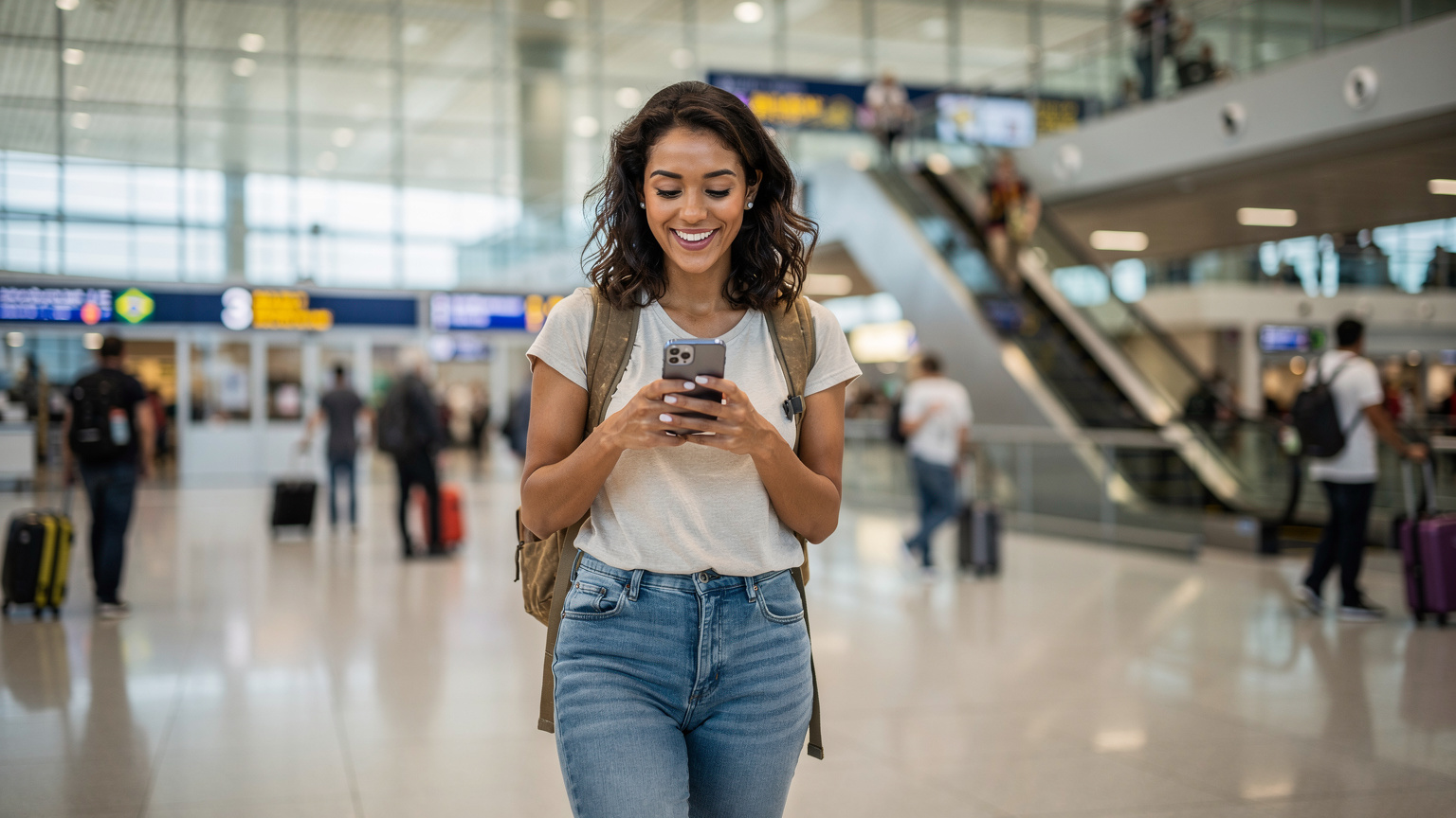 Uma mulher sorridente, com uma mochila de viagem, está saindo de um aeroporto internacional movimentado, olhando para seu smartphone com uma expressão de satisfação. Ela está conectada, pronta para explorar.