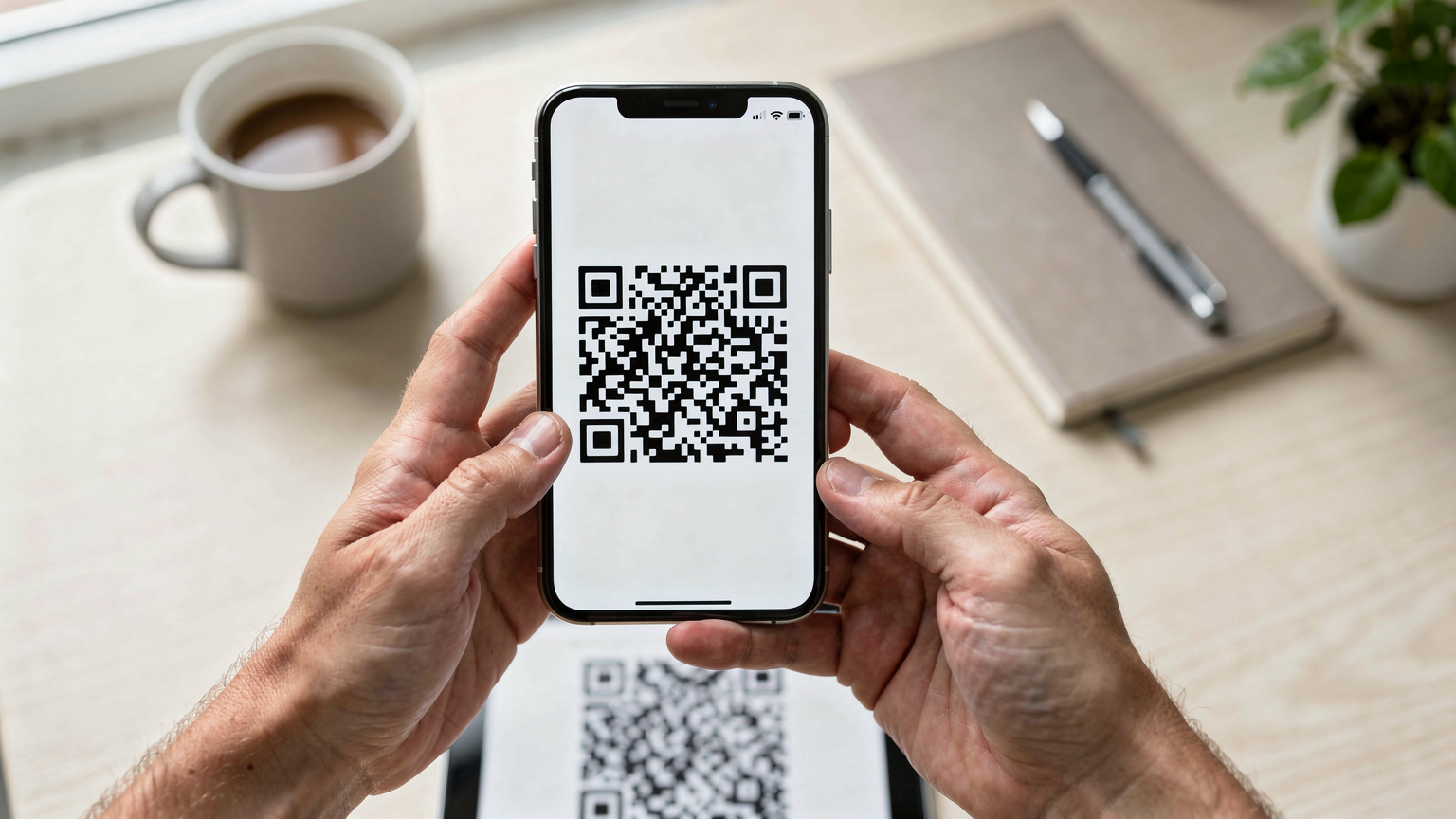 Mãos de uma pessoa segurando um smartphone e escaneando um código QR para ativar um eSIM, em um ambiente de escritório doméstico bem iluminado e organizado.